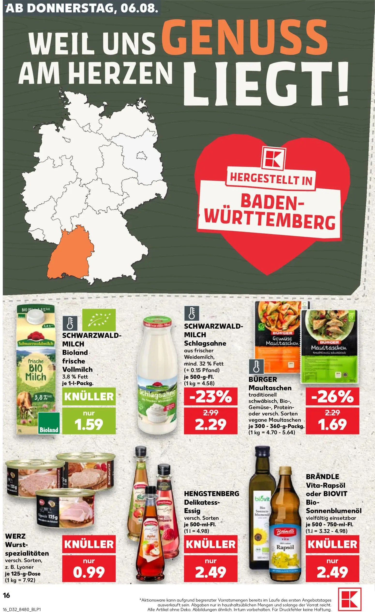 Kaufland Prospekt Stuttgart – gültig ab 06.08.2026 | Seite: 16 | Produkte: Milch, Rapsöl, Sonnenblumenol, Wurst