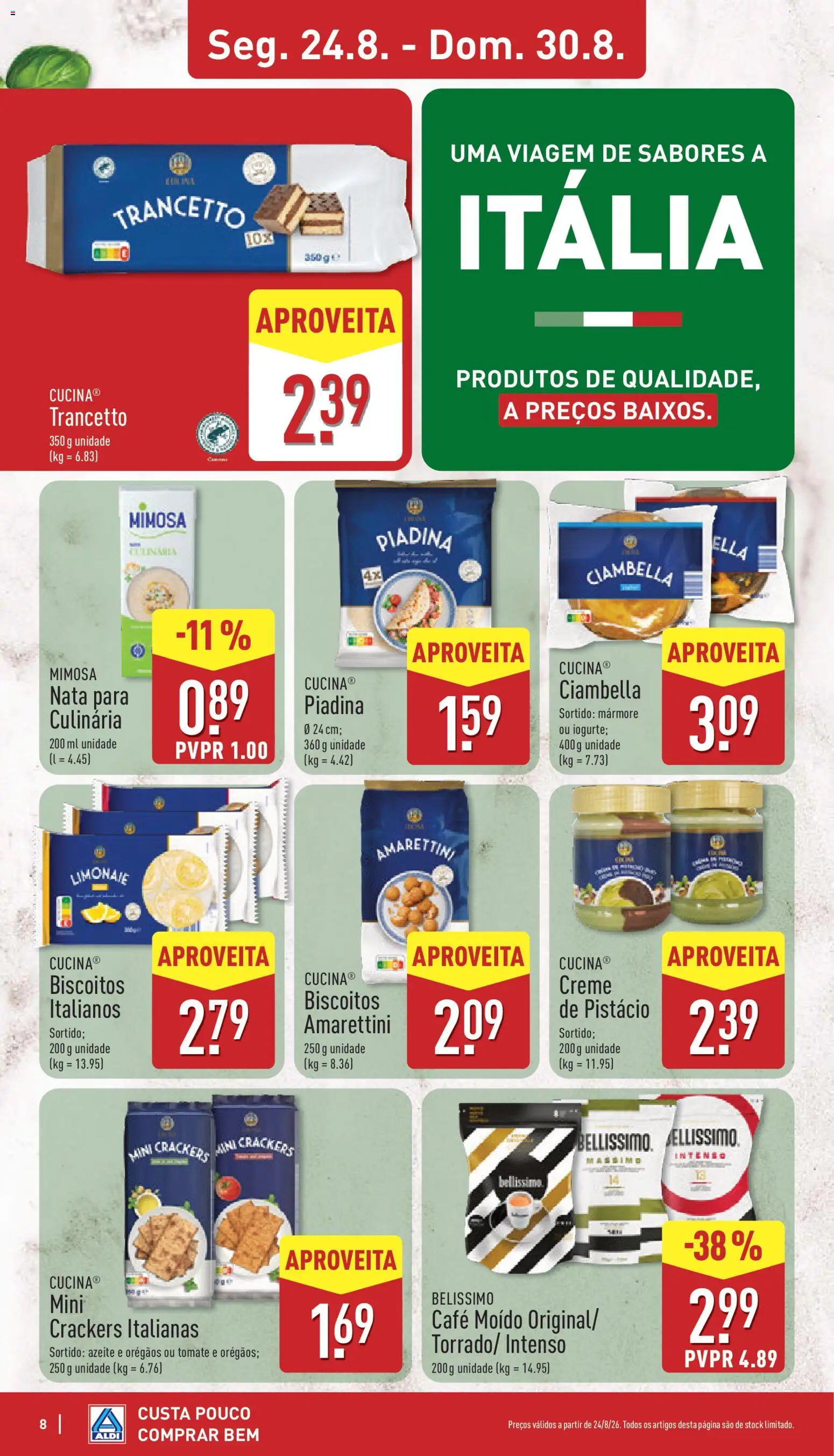 Aldi folheto │ válido de 24/08/2026 | Página: 8 | Produtos: Azeite, Orégãos, Nata, Biscoitos