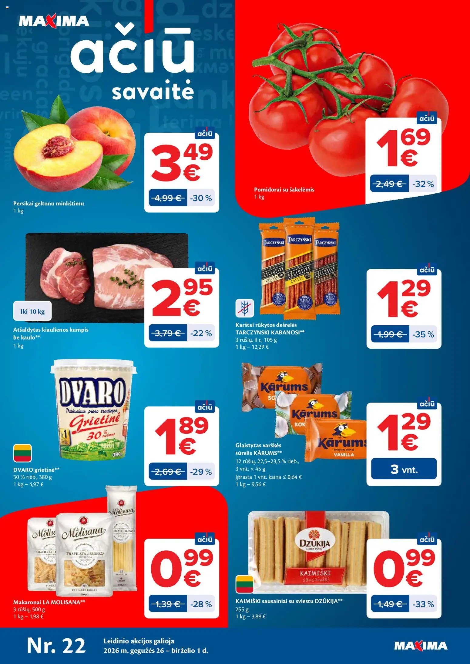 MAXIMA akcijos nuo 26.05.2026 | Puslapis: 1 | Prekių: Kiaulienos, Dešrelės, Kumpis, Pomidorai