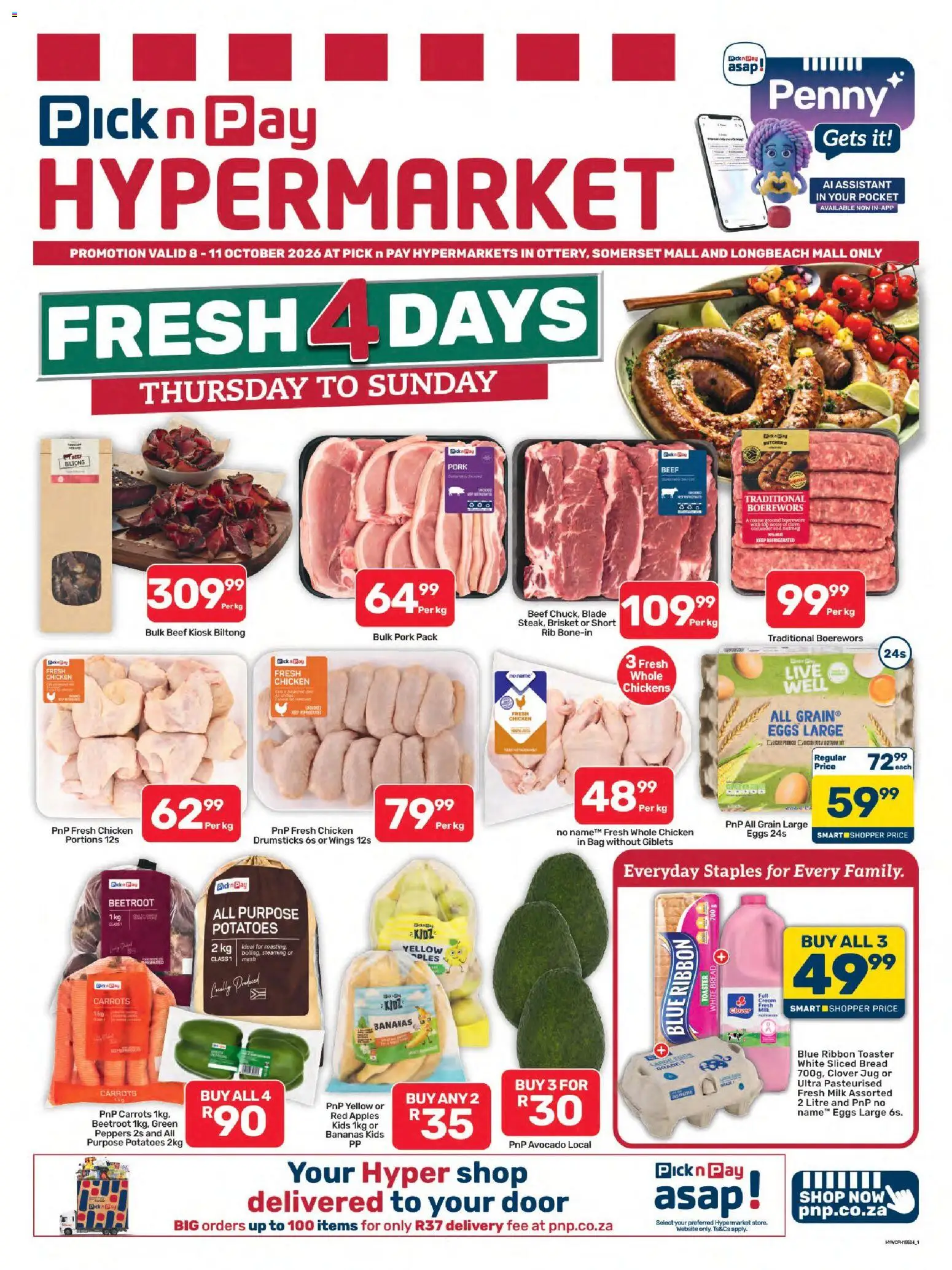 New Pick n Pay catalogue – valid from 08/10/2026 | Page: 1 | Products: Toaster, Avocado, Chicken, Pork