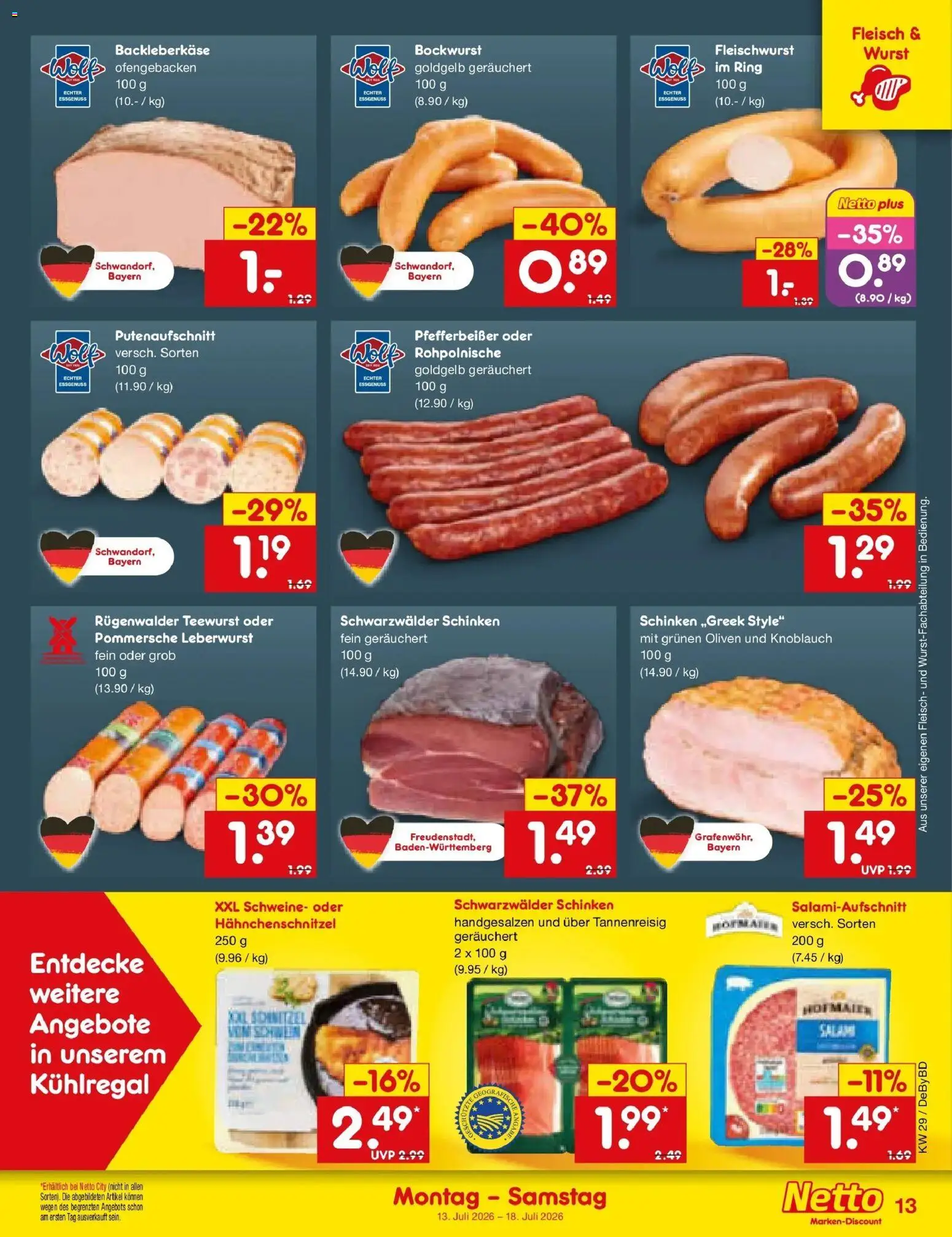 Netto Marken-Discount Prospekt Buttenwiesen – gültig ab 13.07.2026 | Seite: 15 | Produkte: Schnitzel, Wurst, Knoblauch, Fleisch