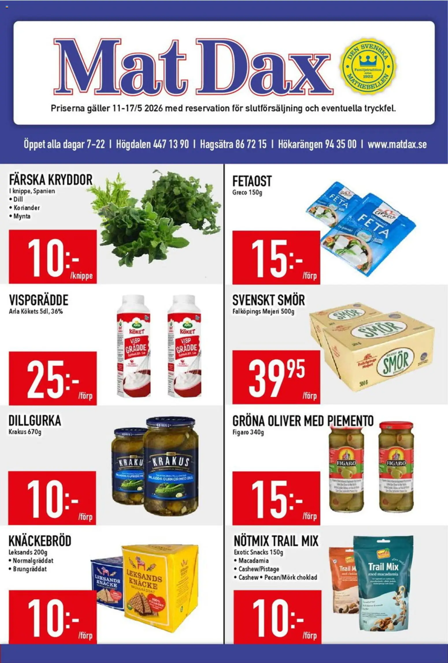 Matdax reklamblad aktuell från 11.05.2026 | Sida: 1 | Produkter: Oliver, Galler, Koriander, Grädde