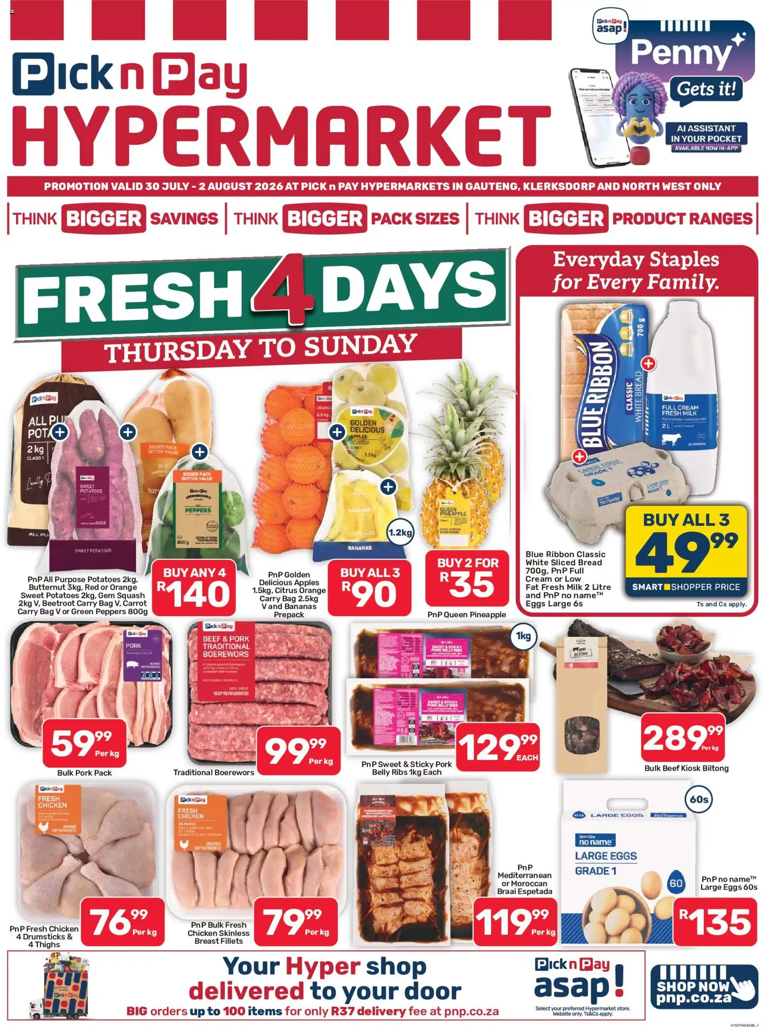 New Pick n Pay catalogue – valid from 30/07/2026 | Page: 1 | Products: Squash, Bread, Bananas, Pineapple