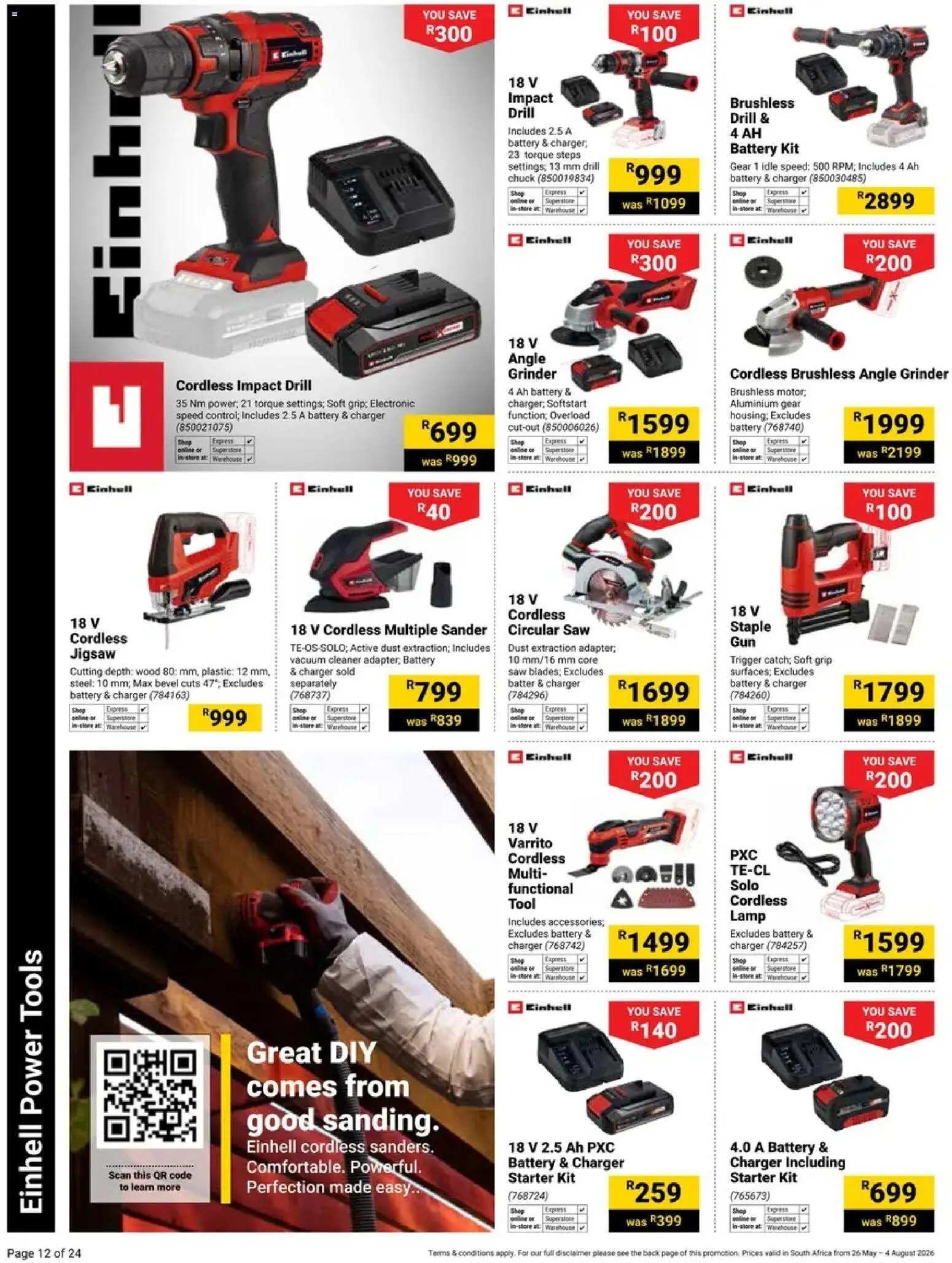 New Builders catalogue – valid from 26.05.2026 | Page: 12 | Products: Vacuum cleaner, Lamp, Charger, Angle grinder