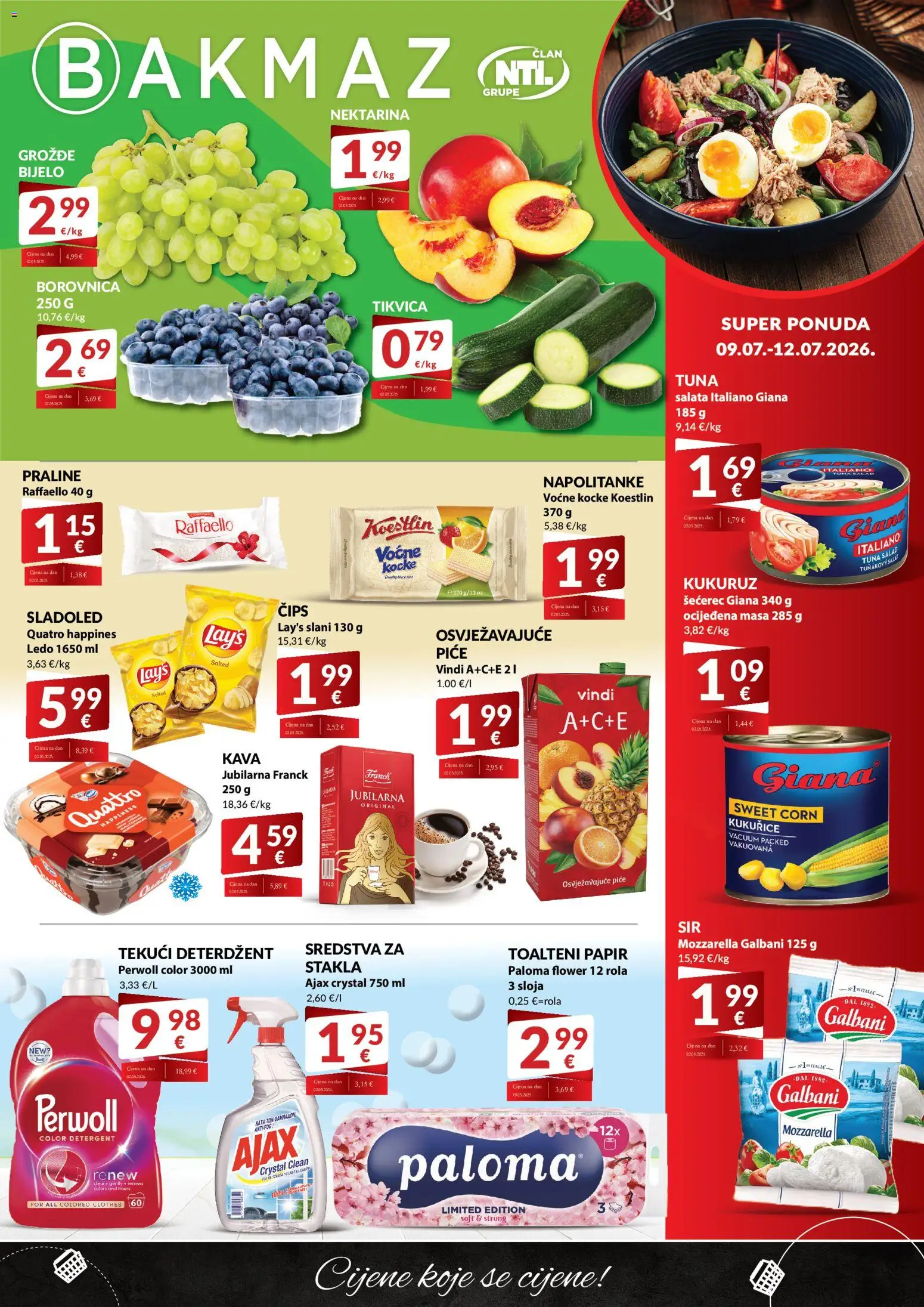 Bakmaz katalog | vrijedi od 09.07.2026 | Stranica: 1 | Proizvodi: Praline, Mozzarella, Deterdžent, Napolitanke