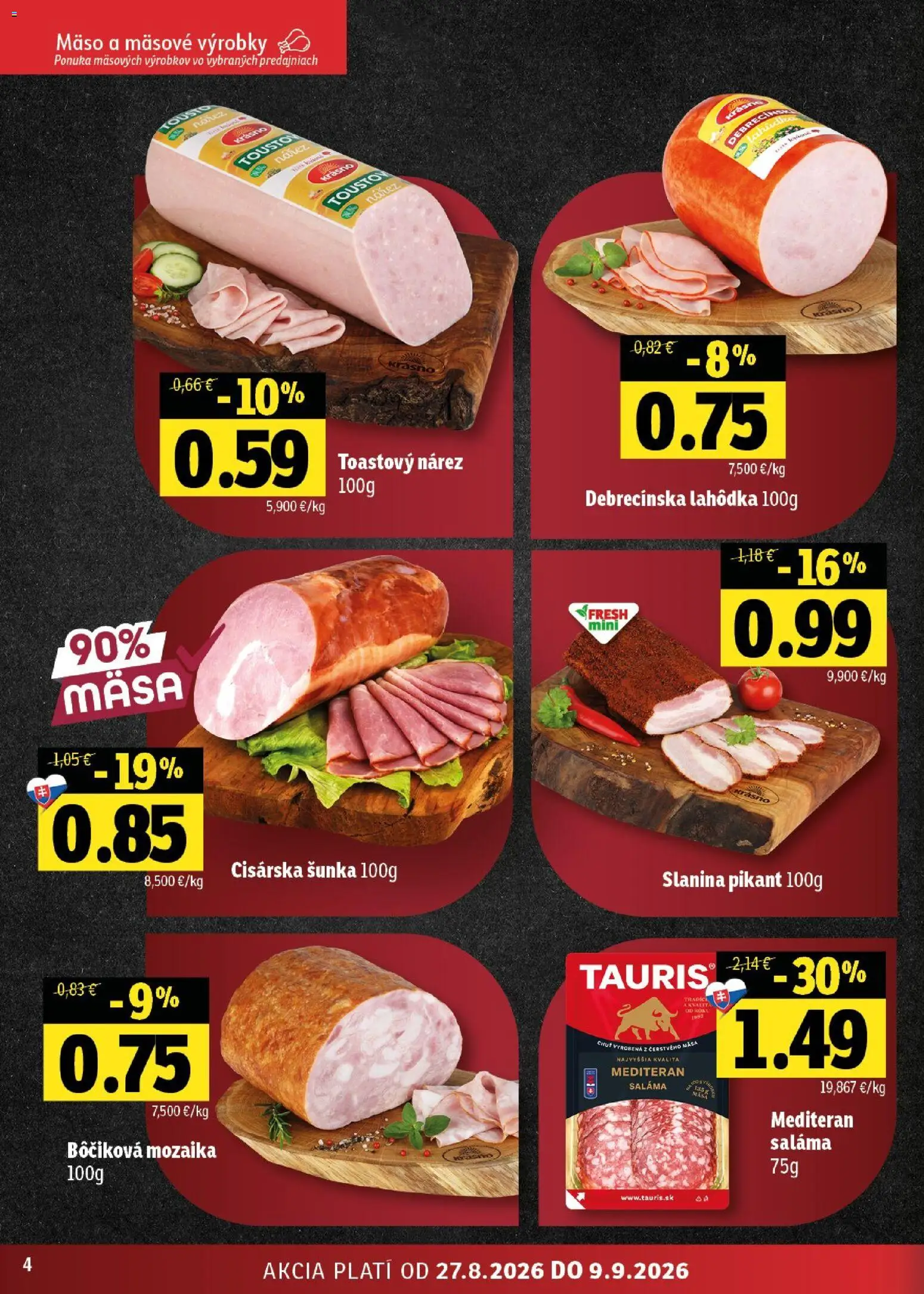 Nové Fresh akcie – leták je platný od 27.08.2026 | Strana: 4 | Produkty: Saláma, Šunka, Slanina, Mäso