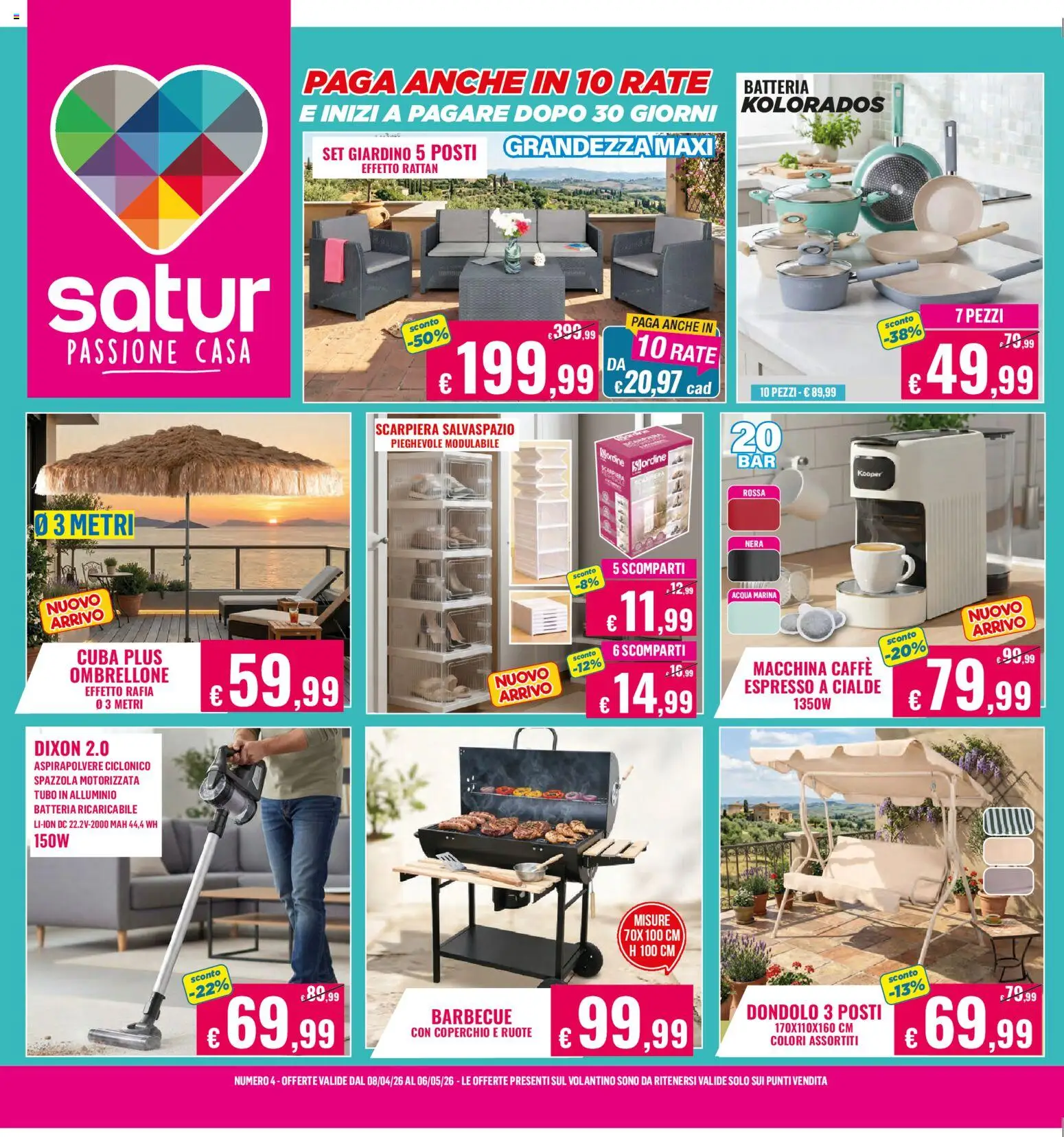 Volantino Satur del 08.04.2026 | Pagina: 1 | Prodotti: Spazzola, Ombrellone, Acqua, Tubo