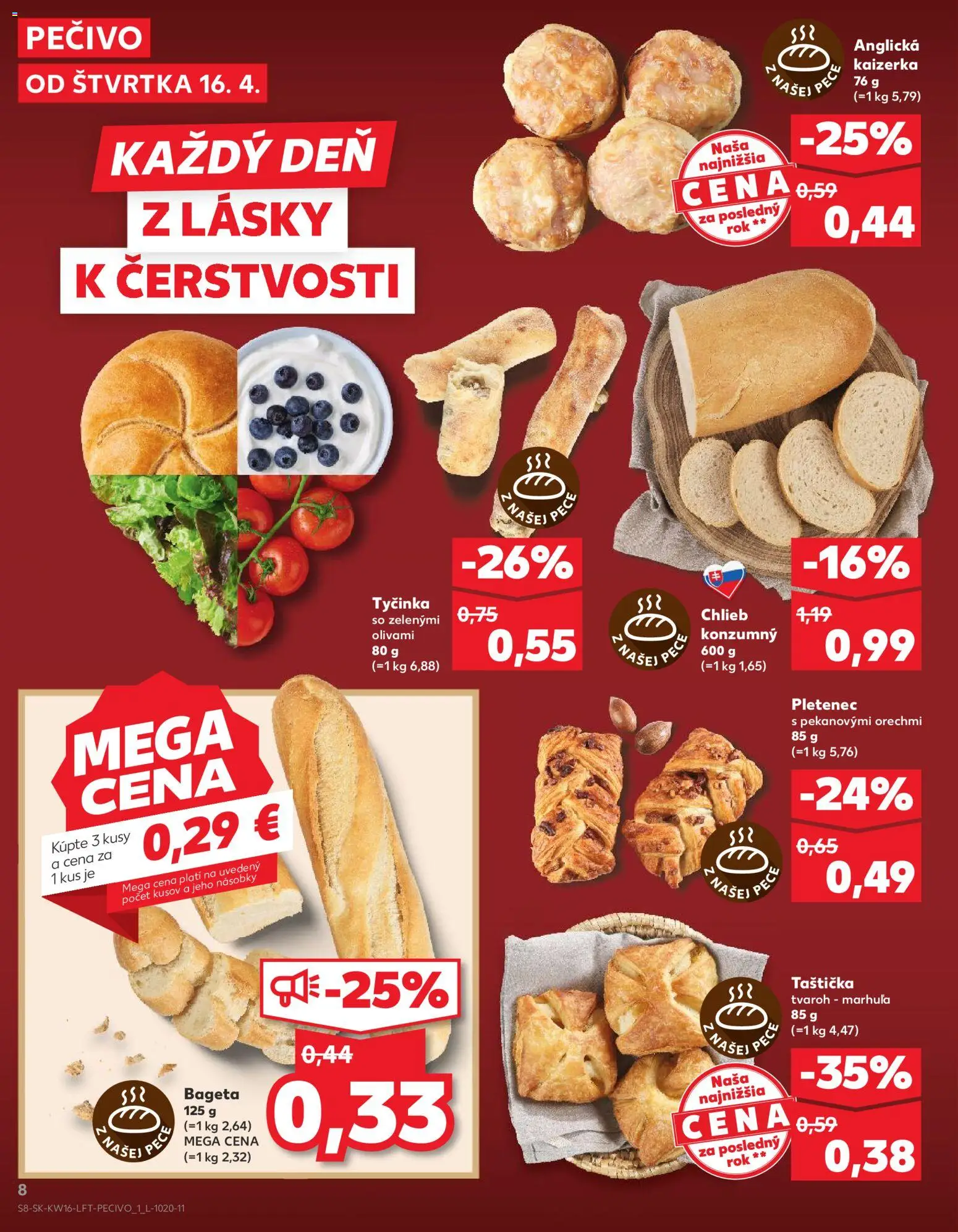 Nové Kaufland akcie – leták je platný od 16.04.2026 | Strana: 8 | Produkty: Chlieb, Tvaroh, Pec