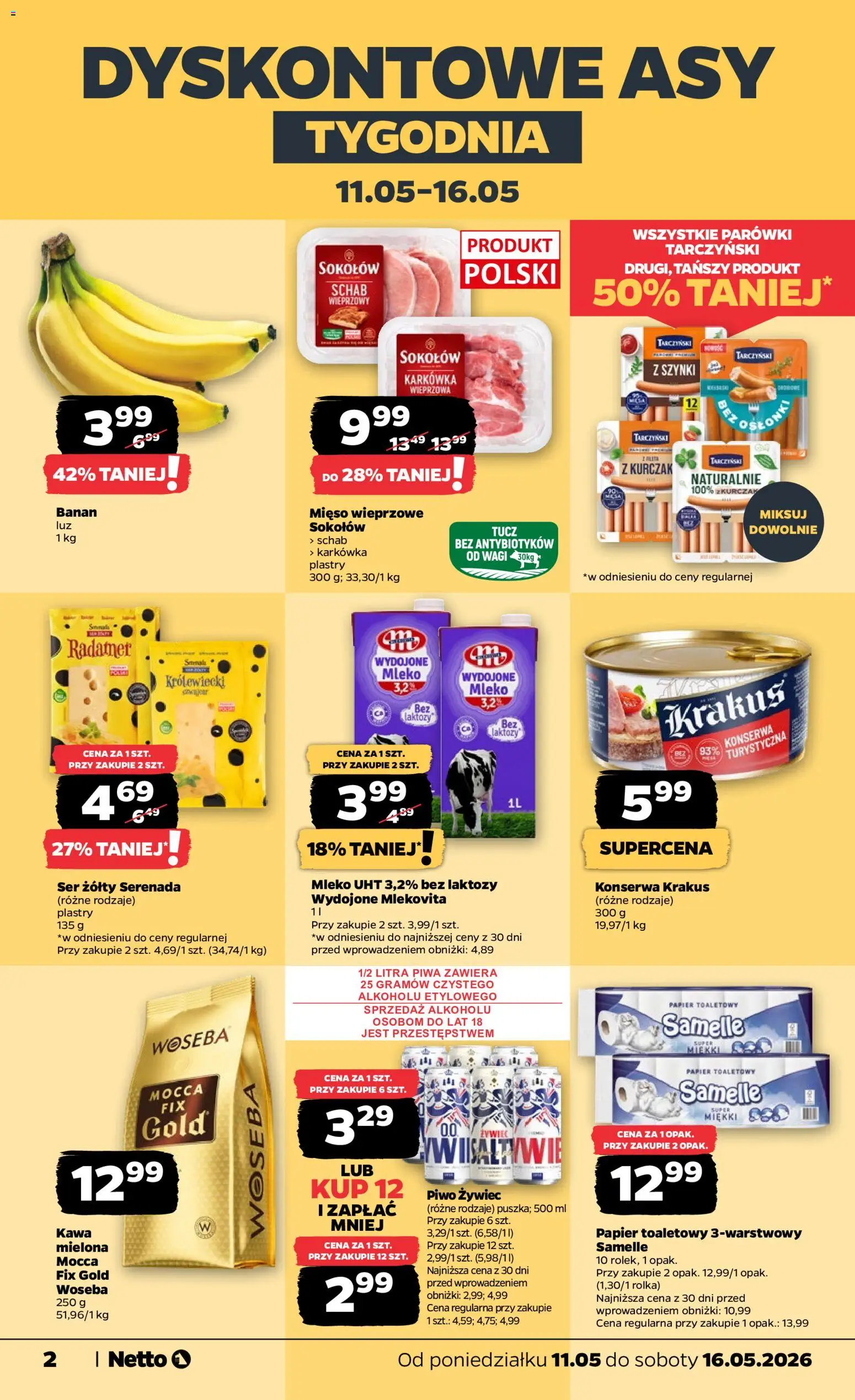 Netto gazetka od poniedziałku spożywcza od 11.05.2026 | Strona: 2 | Produkty: Ser żółty, Mięso, Kawa, Banan