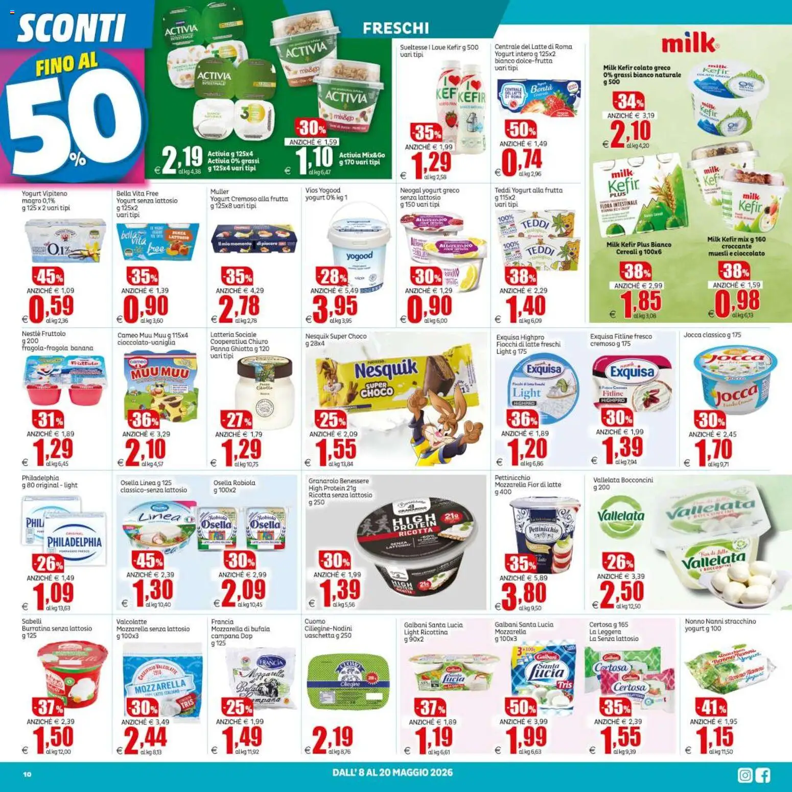 Volantino Elite Supermercati del 08.05.2026 | Pagina: 10 | Prodotti: Yogurt senza lattosio, Cioccolato, Fiocchi di latte, Mozzarella