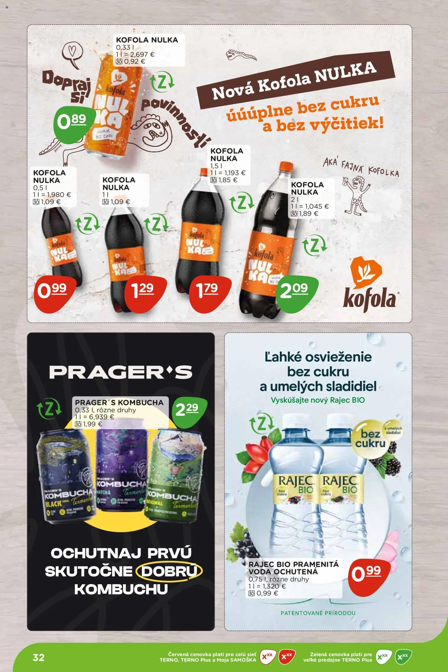 Nové Terno akcie – leták je platný od 07.09.2026 | Strana: 32 | Produkty: Rajec, Kofola, Voda, Matcha