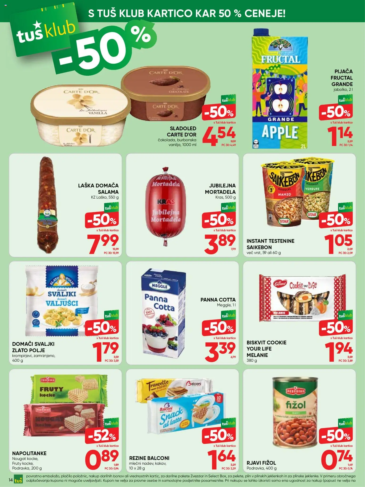 Novi Tuš katalog ponudbe – veljaven od 22.07.2026 | Stran: 14 | Izdelki: Mortadela, Salama, Testenine, Sladoled