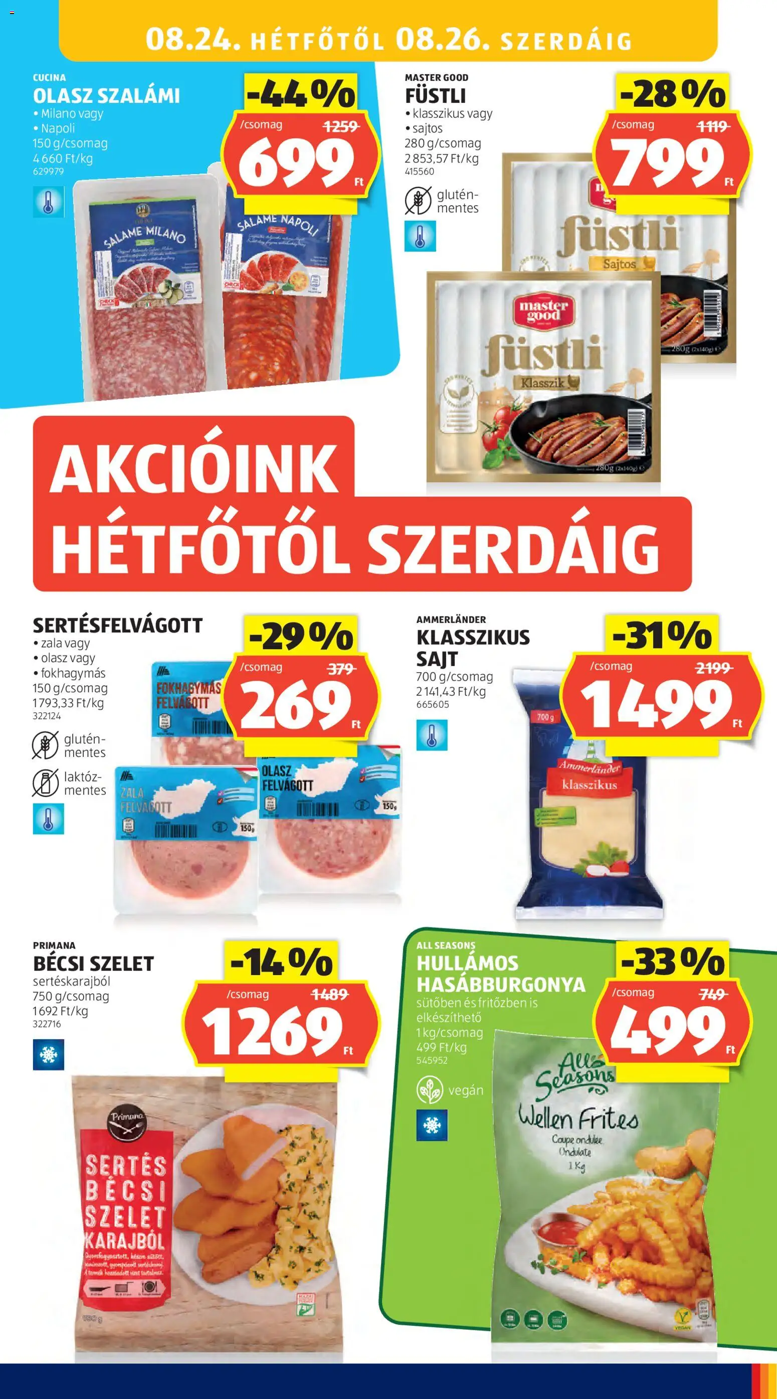 Aldi akciós ujság - amely érvényes a következő dátumtól: 2026.08.21. | Oldal: 27 | Termékek: Szelet, Füstli, Sajt, Szalámi