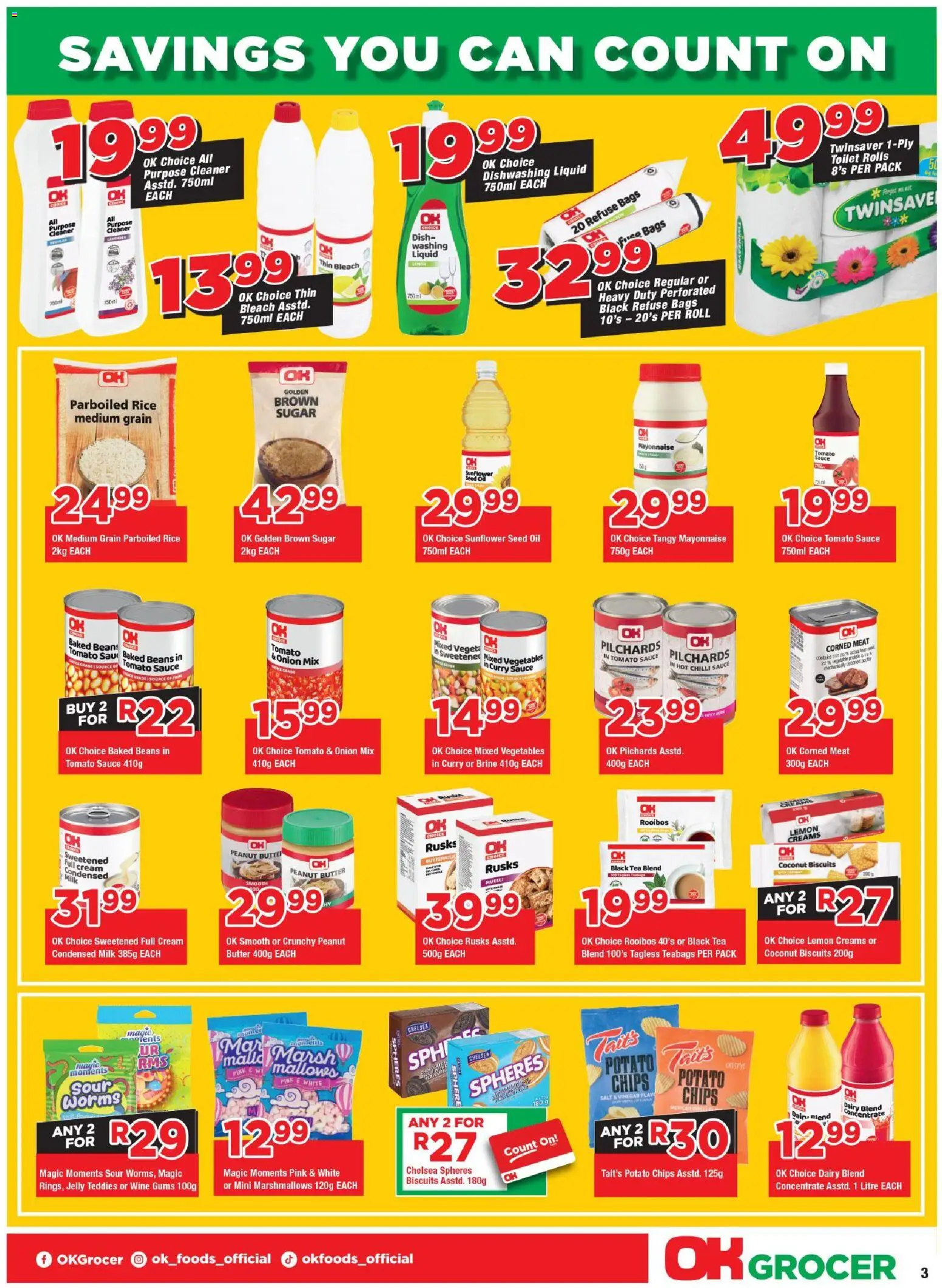 New OK Foods catalogue – valid from 13.05.2026 | Page: 3 | Products: Chips, Peanut butter, Sauce, Sugar