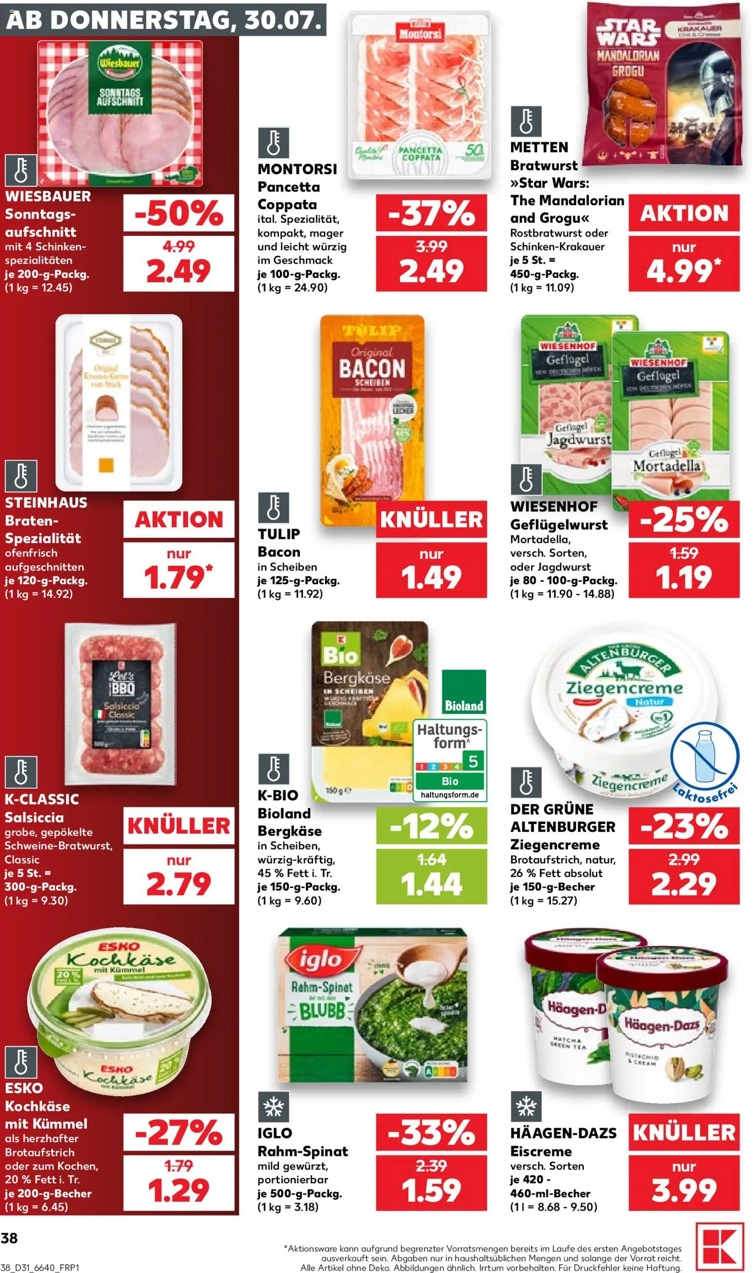 Kaufland Prospekt – gültig ab 30.07.2026 | Seite: 38 | Produkte: Iglo, Bratwurst, Eiscreme, Schinken
