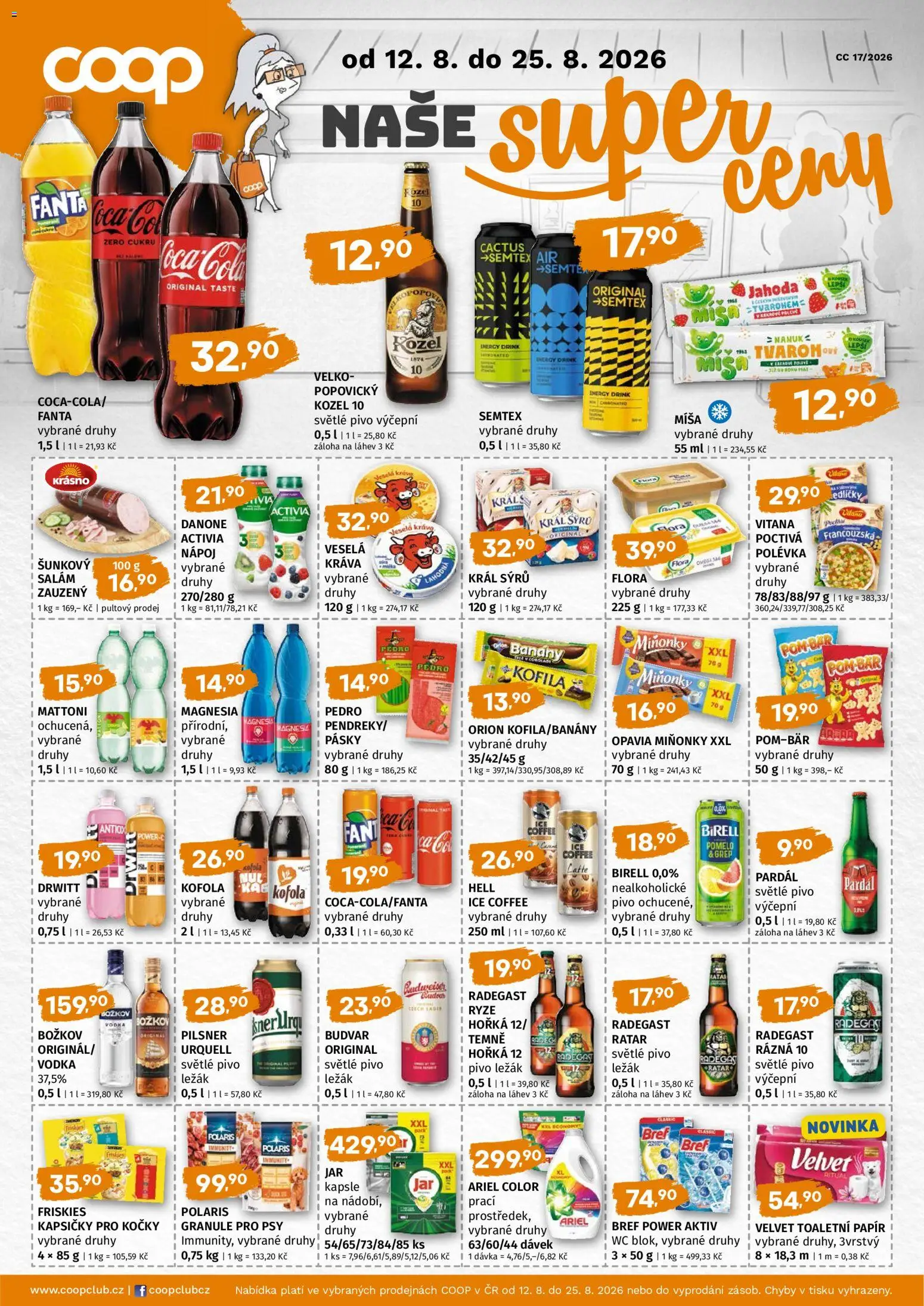 Trefa leták - COOP naše super ceny od 12.08.2026 | Strana: 1 | Produkty: Vodka Božkov, Grep, Ice coffee, Energy drink