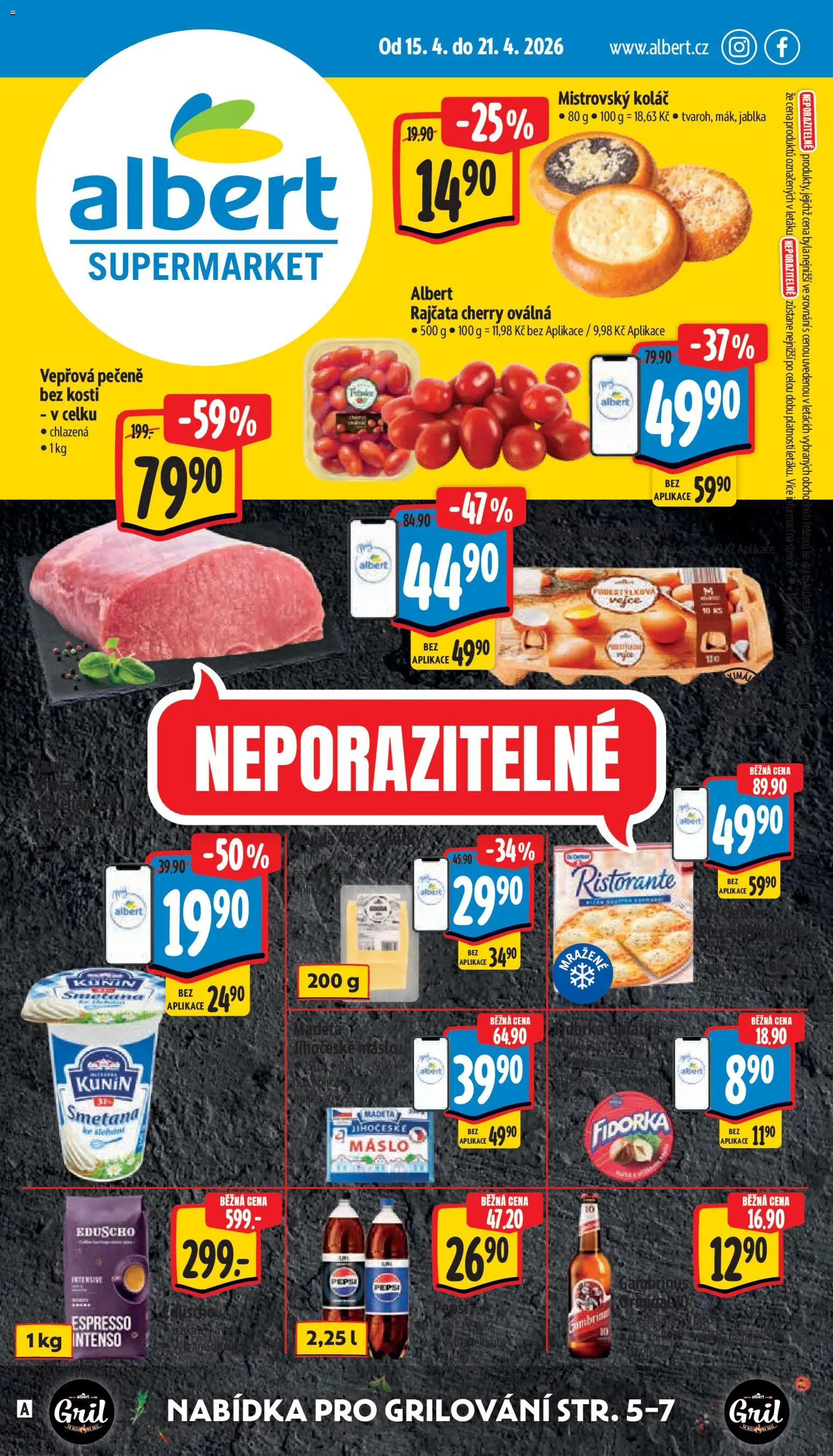 Albert leták - Supermarket od 15.04.2026 | Strana: 1 | Produkty: Jablka, Pepsi, Gril, Fidorka