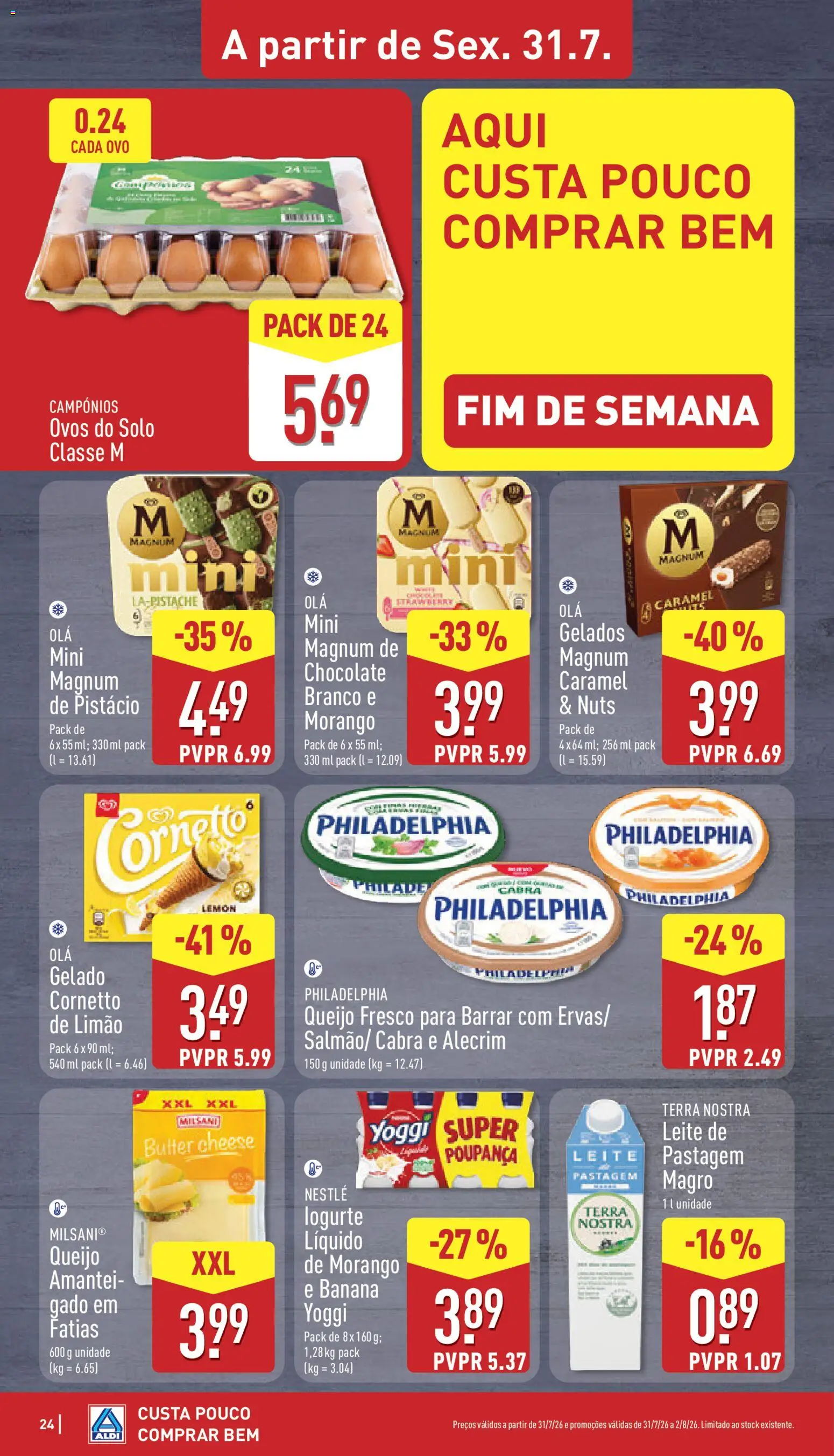 Aldi folheto │ válido de 27/07/2026 | Página: 24 | Produtos: Banana, Cream cheese, Gelado, Nestlé