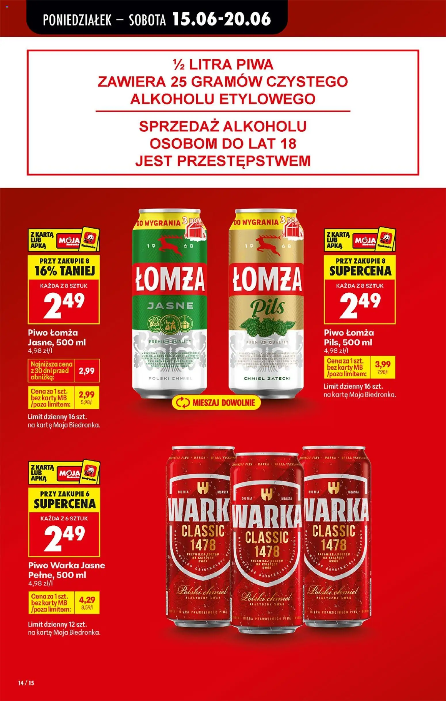 Biedronka gazetka od poniedziałku od 15.06.2026 | Strona: 18 | Produkty: Karta, Warka, Piwo Warka, Piwo