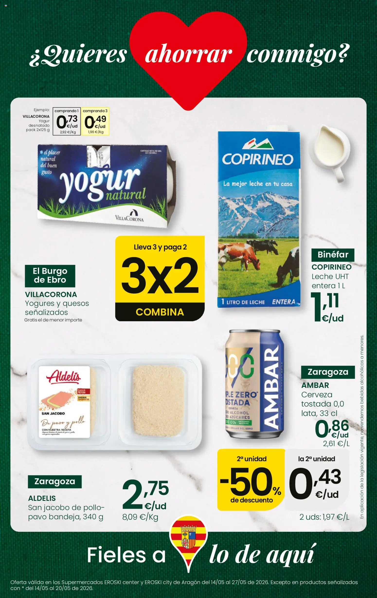 Eroski Fieles a lo de aquí │ válido desde el 14.05.2026 | Página: 1 | Productos: Leche entera, Leche, Yogur, Cerveza