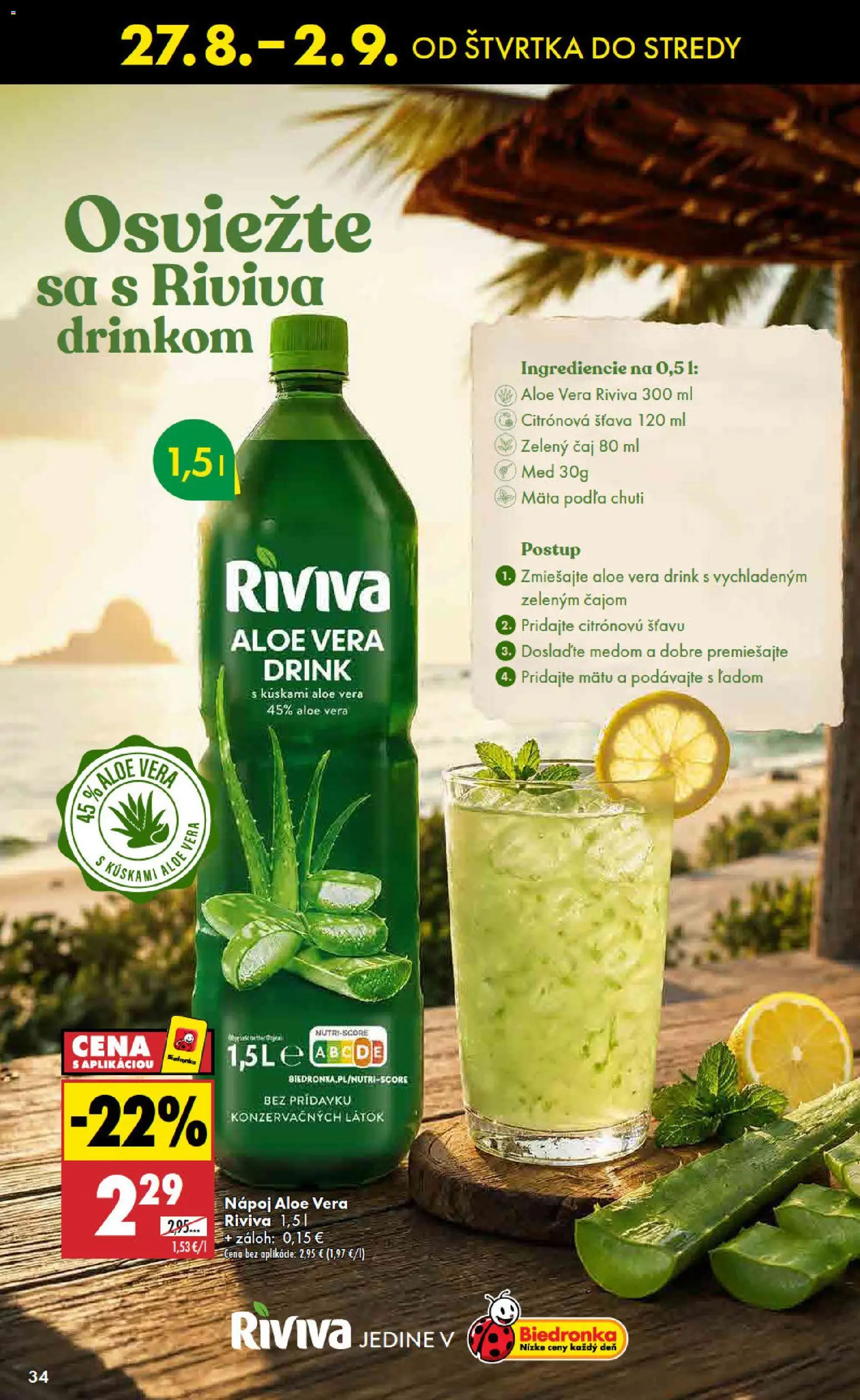 Nové Biedronka akcie – leták je platný od 27.08.2026 | Strana: 34 | Produkty: Aloe Vera, Čaj, Citrónová šťava, Zelený čaj