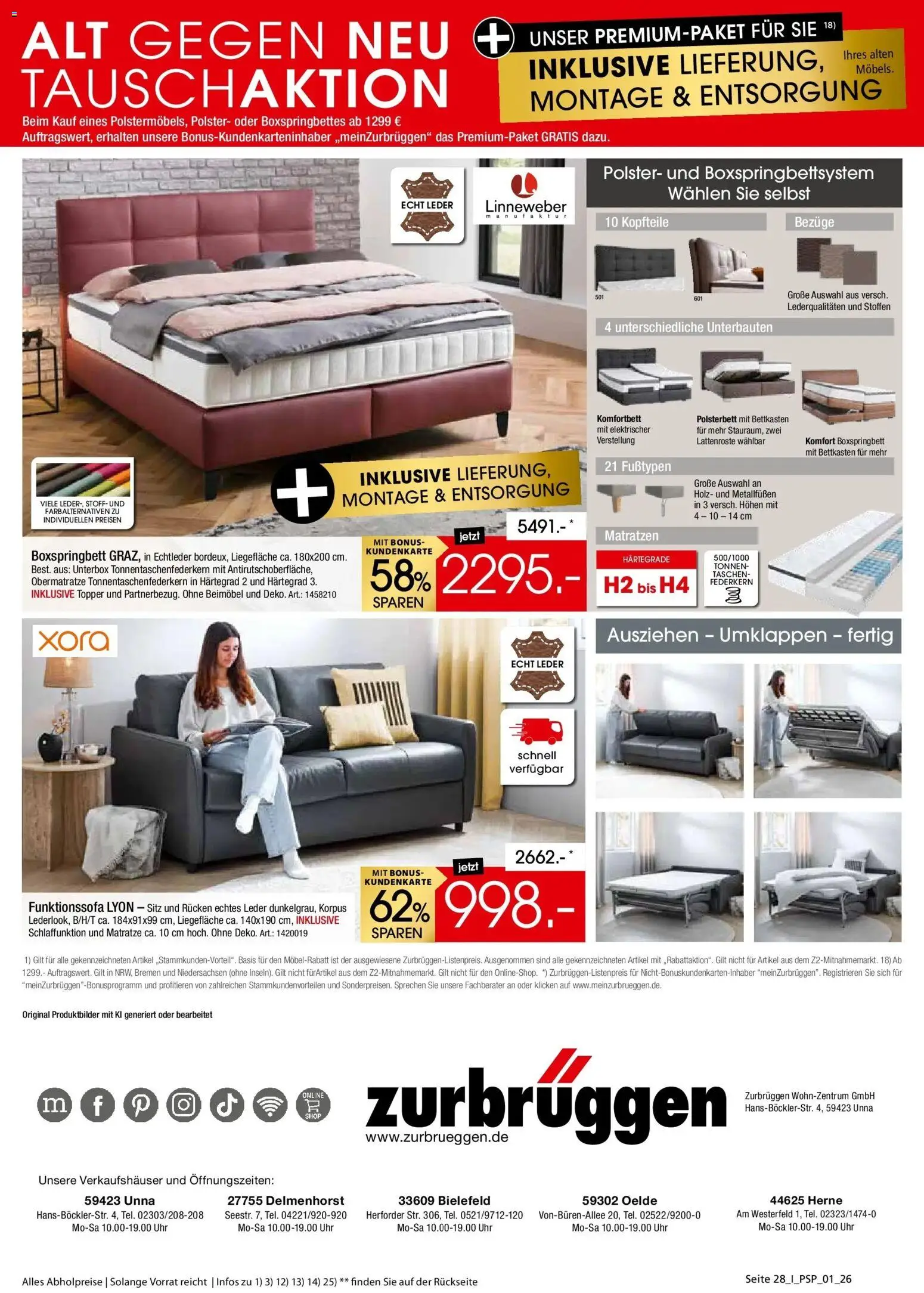 Zurbrüggen - Zurbrüggen: Polstermöbel Spezial (ab 26.10.2026) zum Blättern | Seite: 28 | Produkte: Boxspringbett, Taschen, Topper, Uhr