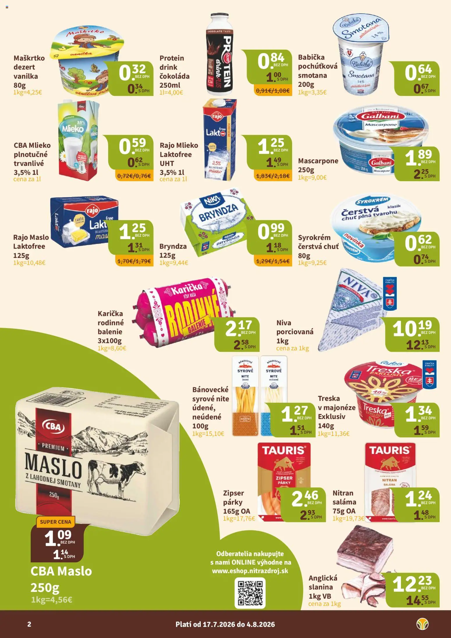 Nové Nitrazdroj akcie – leták je platný od 17.07.2026 | Strana: 2 | Produkty: Maslo, Smotana, Treska, Vanilka