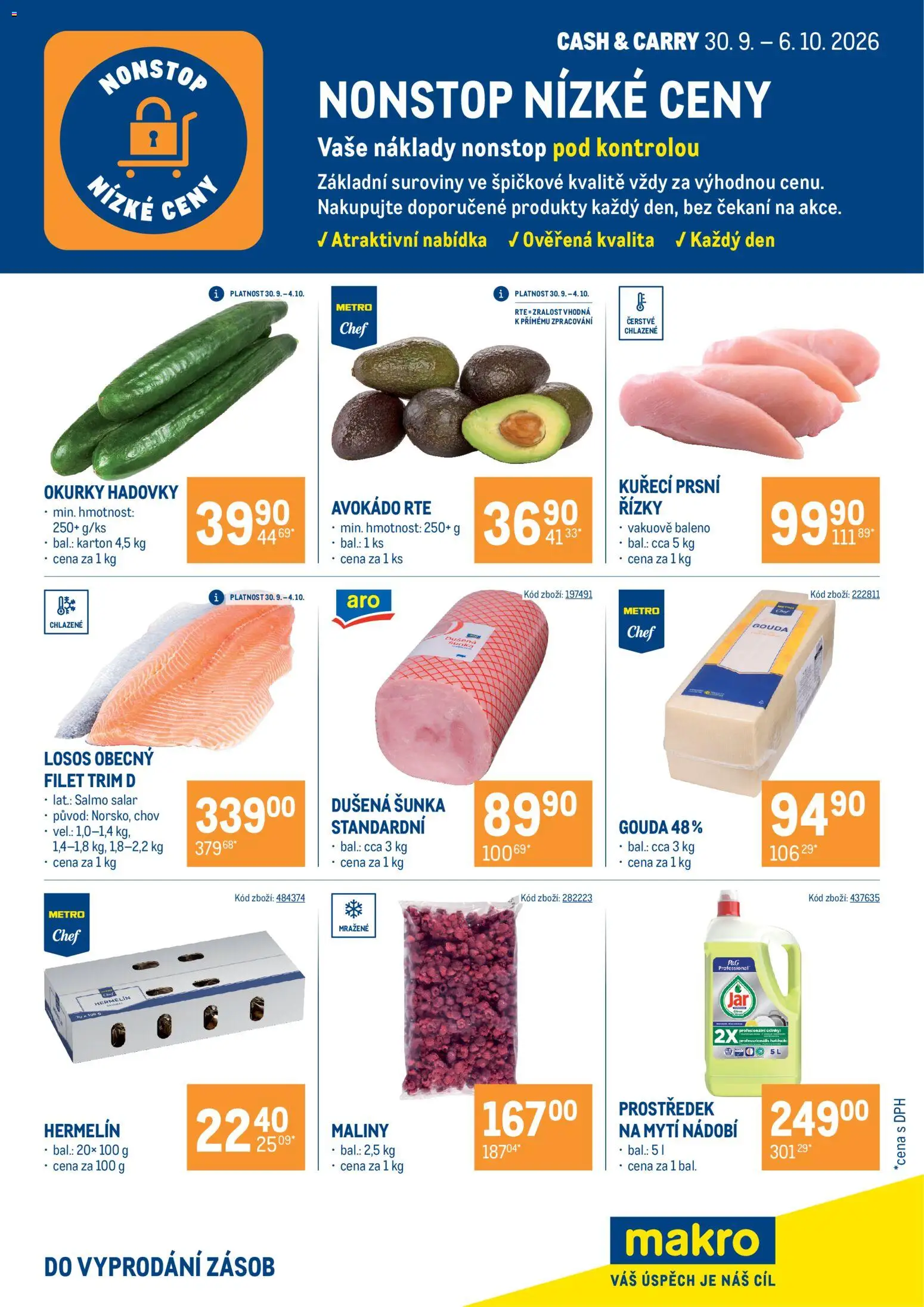 Makro leták - Nonstop nízké ceny od 30.09.2026 | Strana: 1 | Produkty: Gouda, Šunka, Řízky, Okurky