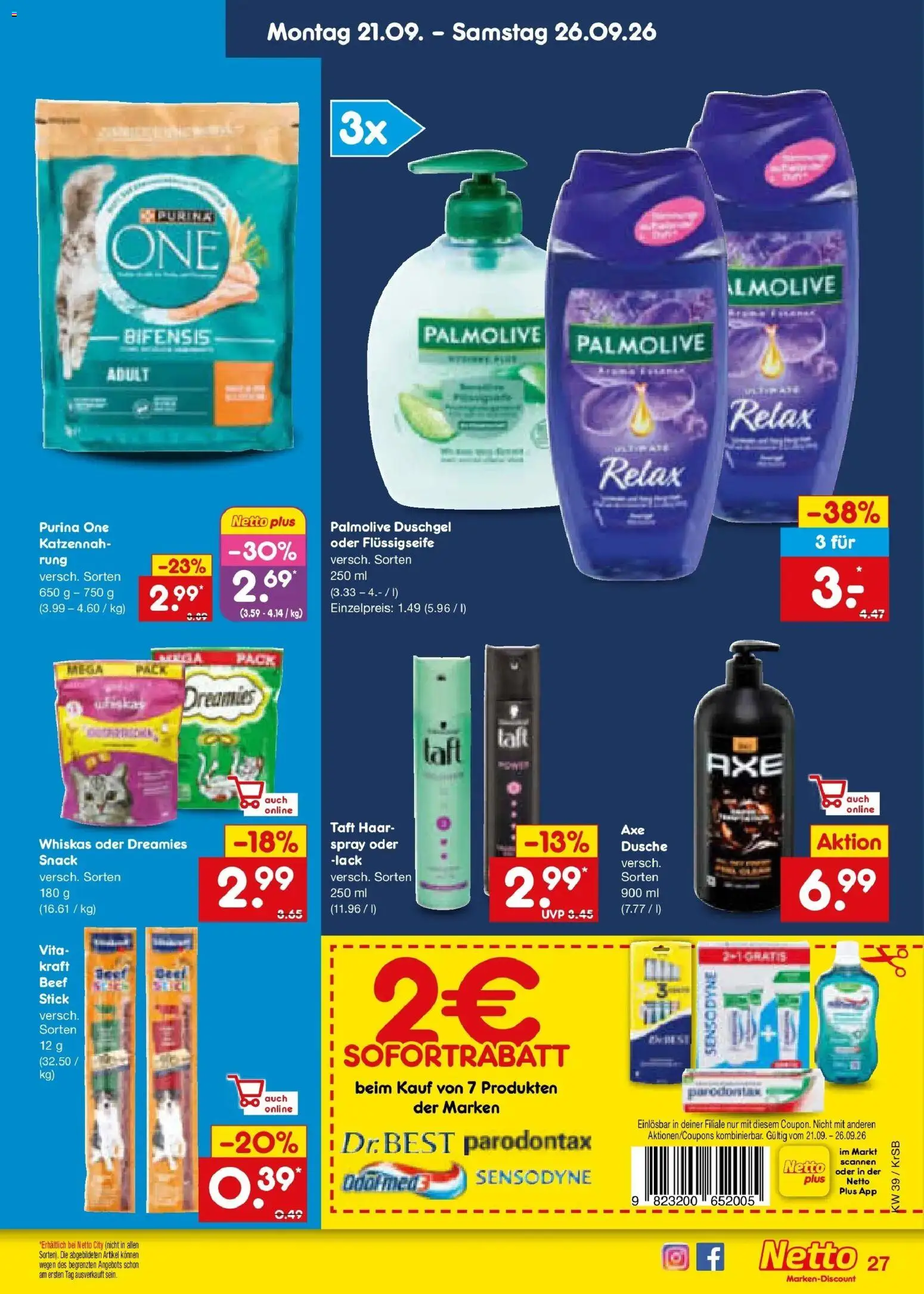 Netto Marken-Discount Prospekt Baesweiler – gültig ab 21.09.2026 | Seite: 39 | Produkte: Purina one, Dusche, Duschgel, Whiskas