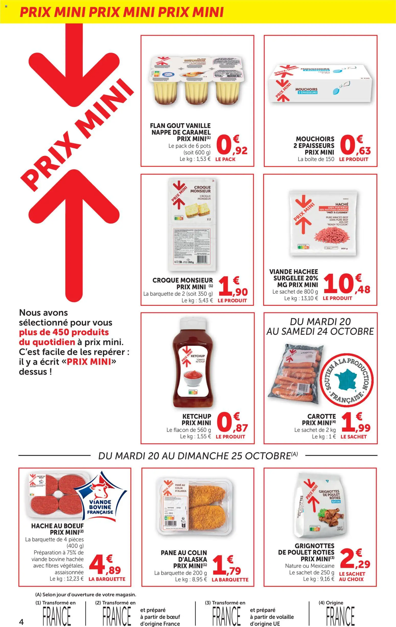 {H1} | Page: 4 | Produits: Viande hachée, Mouchoirs, Nappe, Ketchup