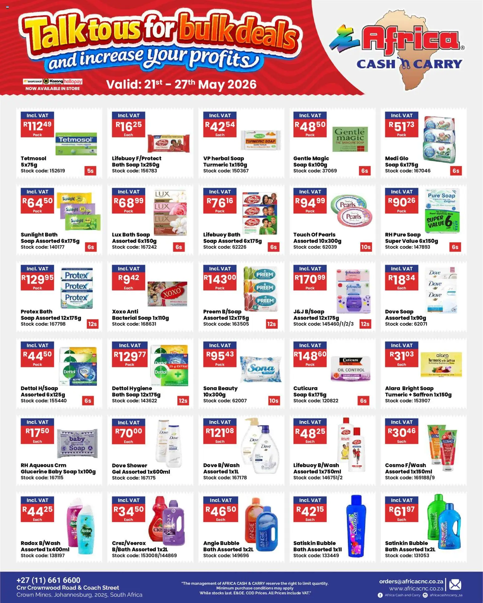 New Africa Cash & Carry catalogue – valid from 21.05.2026 | Page: 8 | Products: Bath, Oil, Stock, Soap