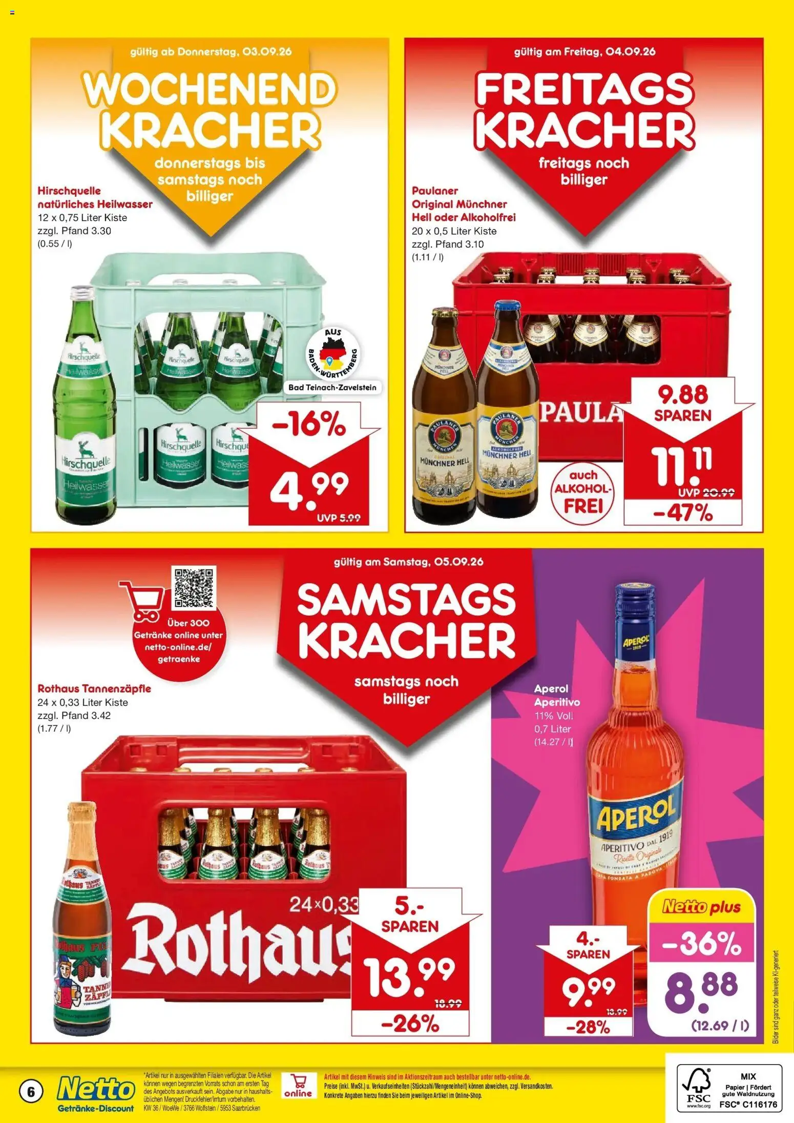 Netto Marken-Discount Prospekt Saarbrücken (ab 31.08.2026) » Angebote | Seite: 6 | Produkte: Bilder, Alkohol, Aperol, Paulaner