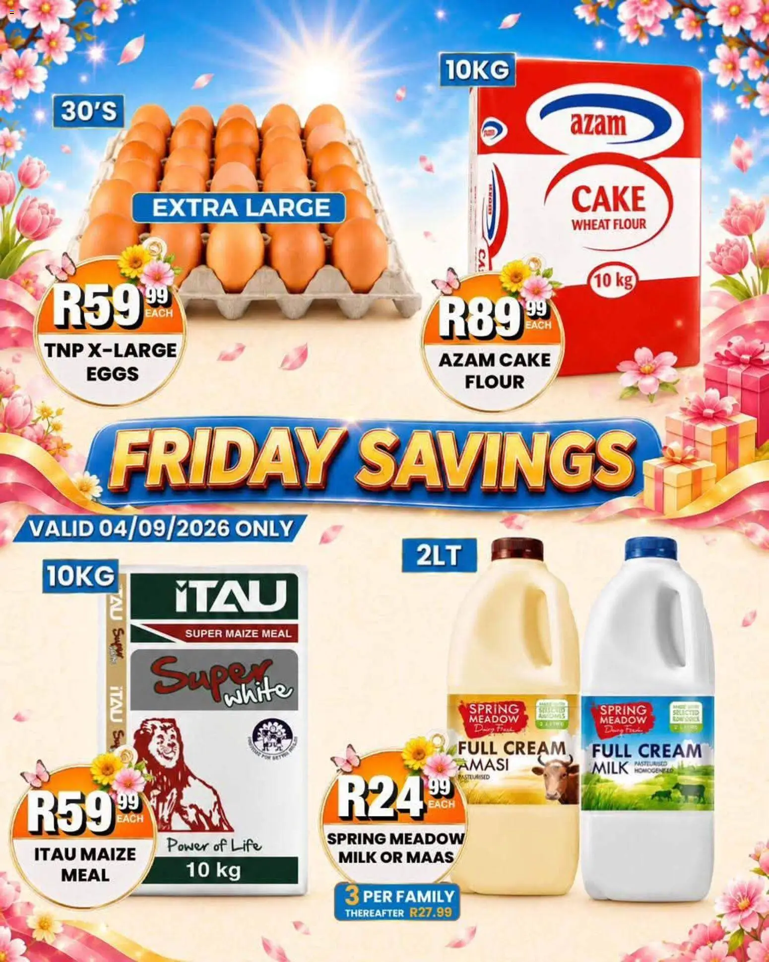 New Take n Pay catalogue – valid from 04/09/2026 | Page: 3 | Products: Flour, Maize meal, Eggs, Cream
