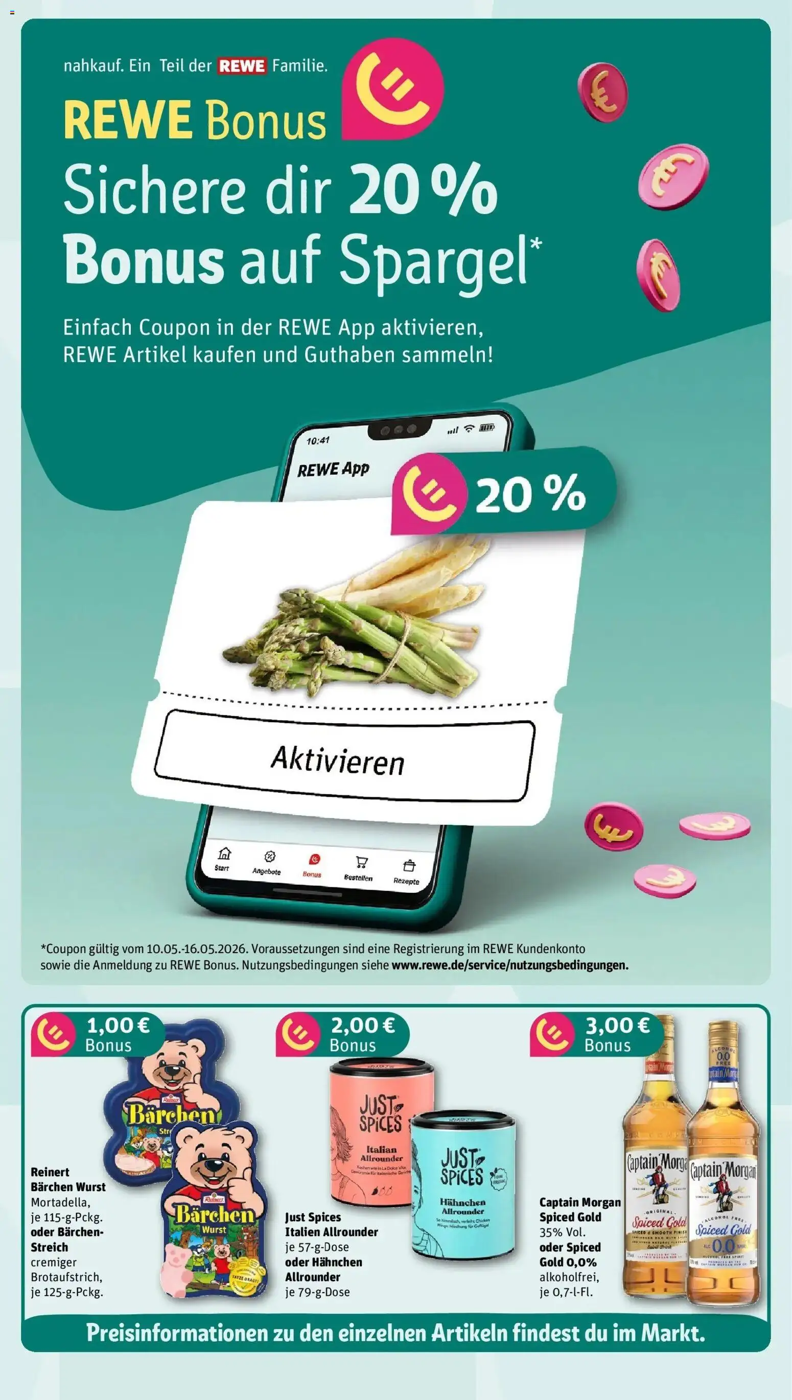 Rewe Prospekt Oberviechtach	 – gültig ab 10.05.2026 | Seite: 4 | Produkte: Hahnchen, Spargel, Wurst, Captain morgan
