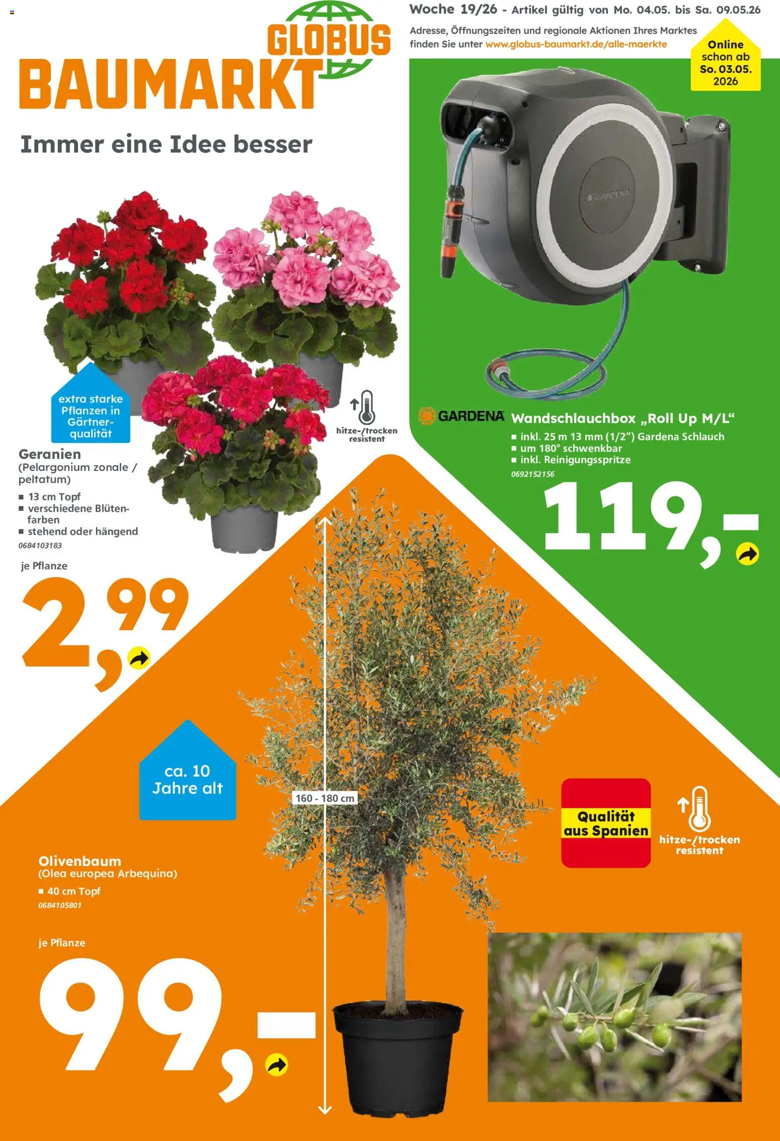 Globus Baumarkt Prospekt Weinstadt-Endersbach – gültig ab 04.05.2026 | Seite: 1 | Produkte: Geranien
