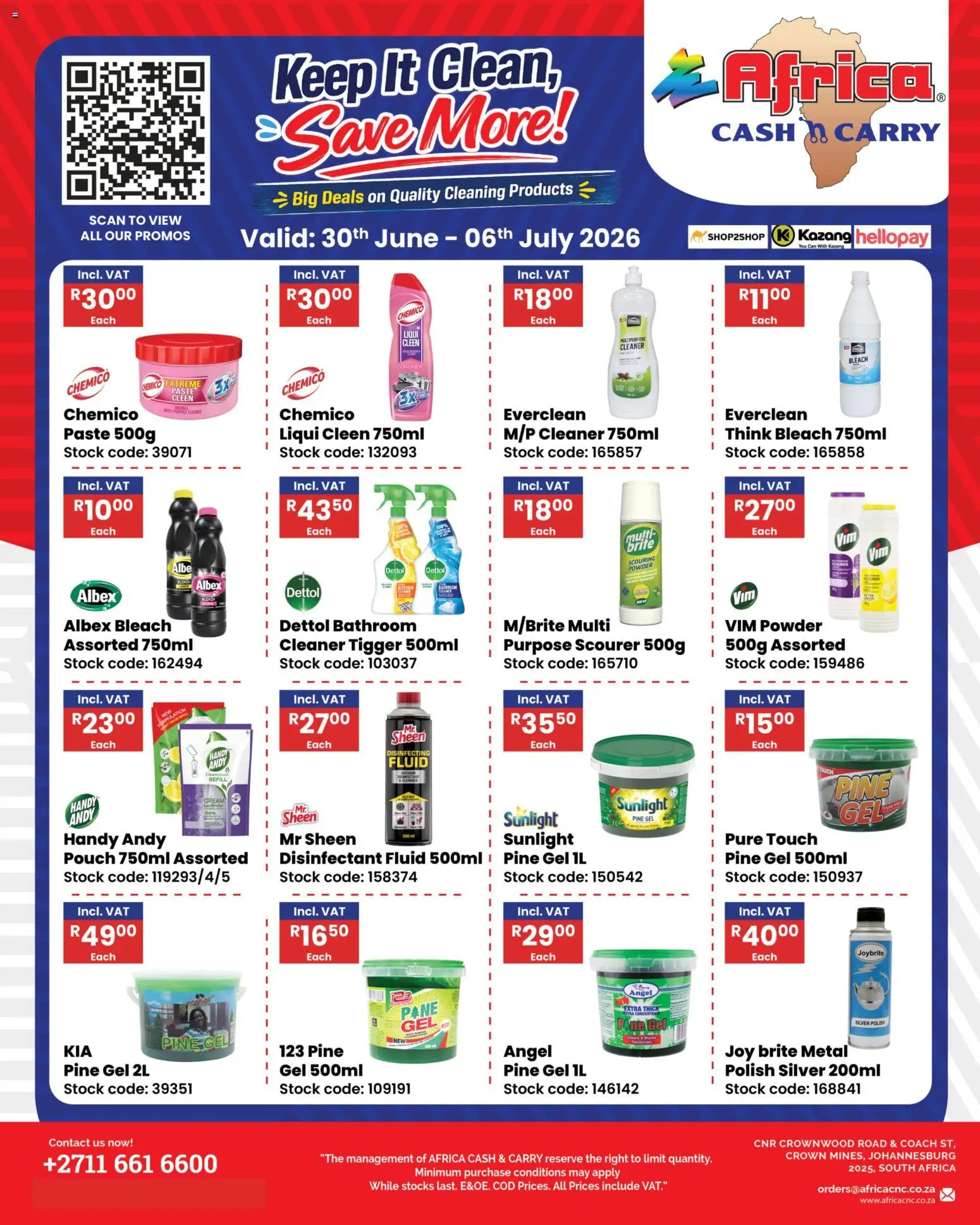 New Africa Cash & Carry catalogue – valid from 30/06/2026 | Page: 1 | Products: Disinfectant, Bleach, Powder, Stock