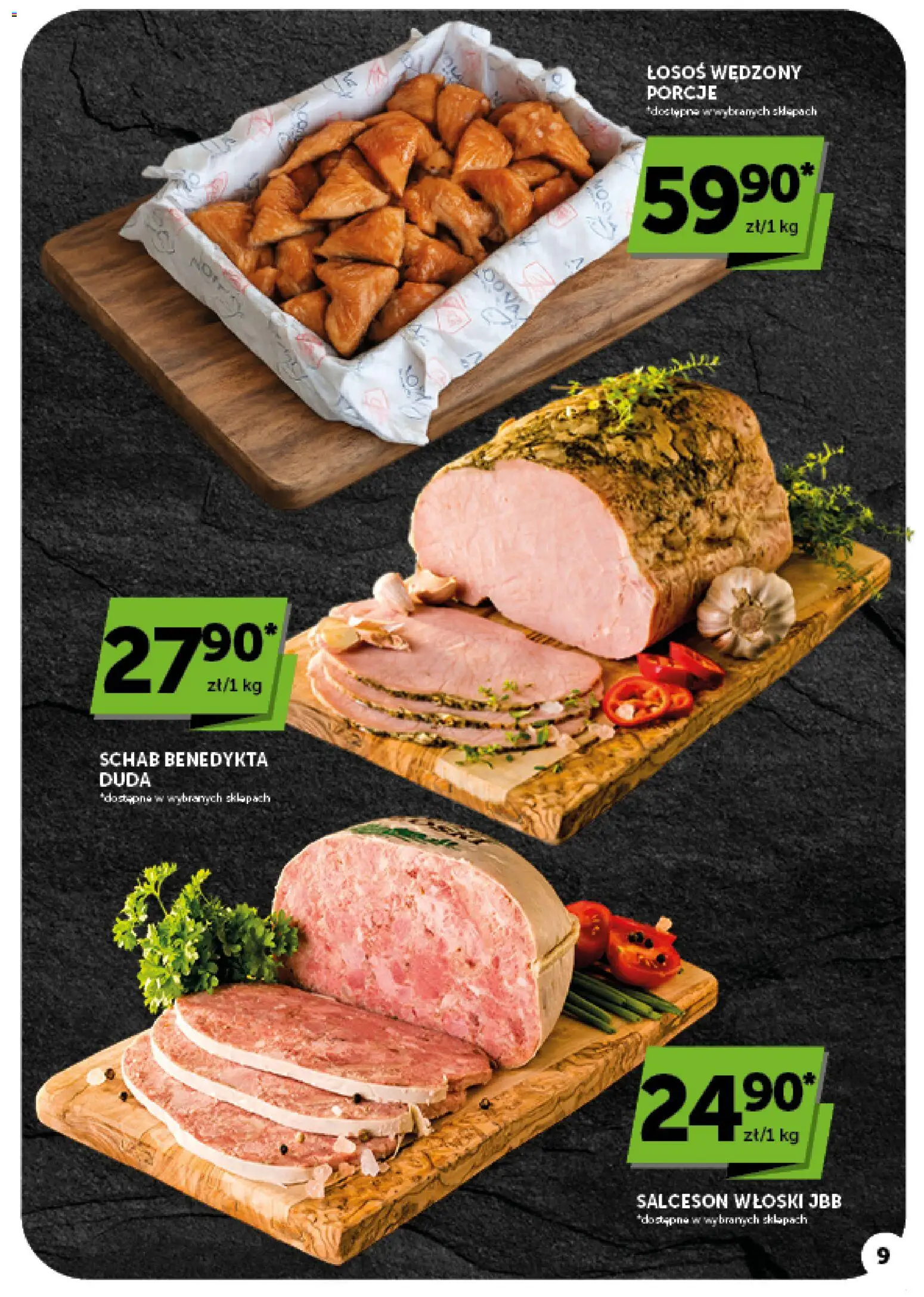 Groszek gazetka od 08.10.2026 | Strona: 9 | Produkty: Schab, Łosoś wędzony, Łosoś, Salceson