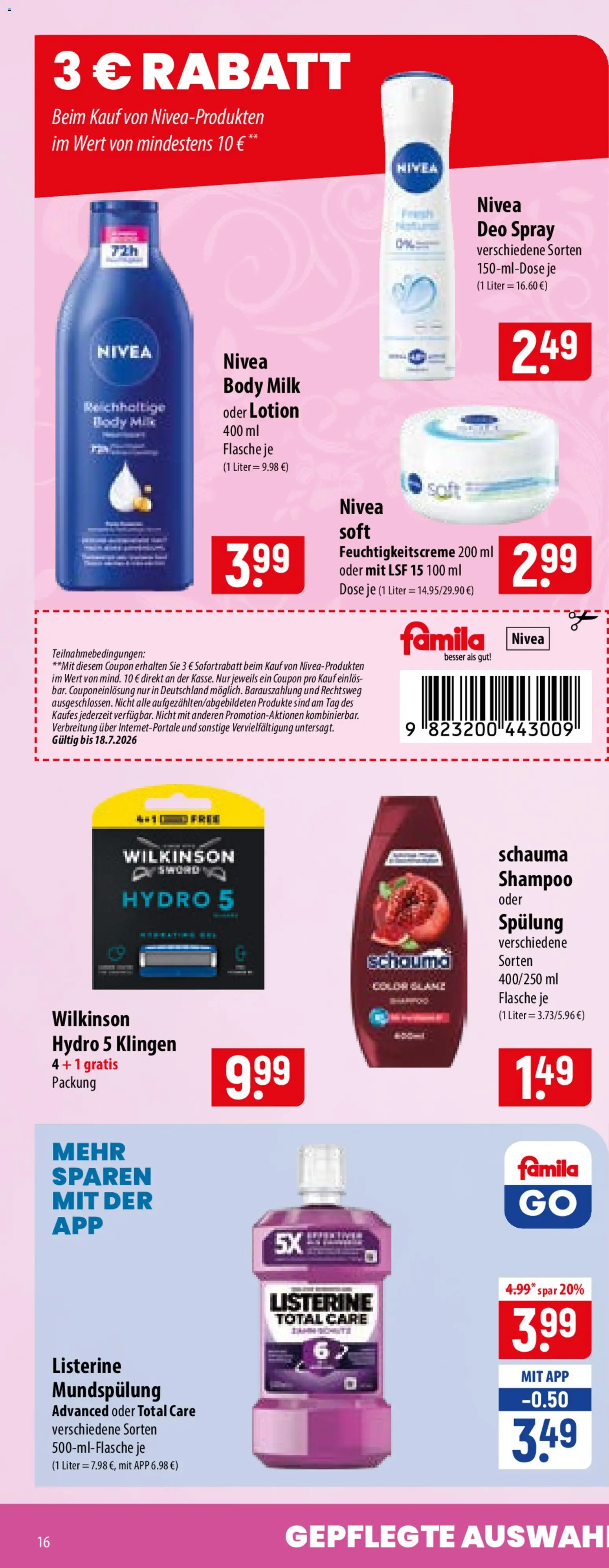 Famila Prospekt – gültig ab 13.07.2026 | Seite: 30 | Produkte: Shampoo, Spülung, Body Milk, Listerine