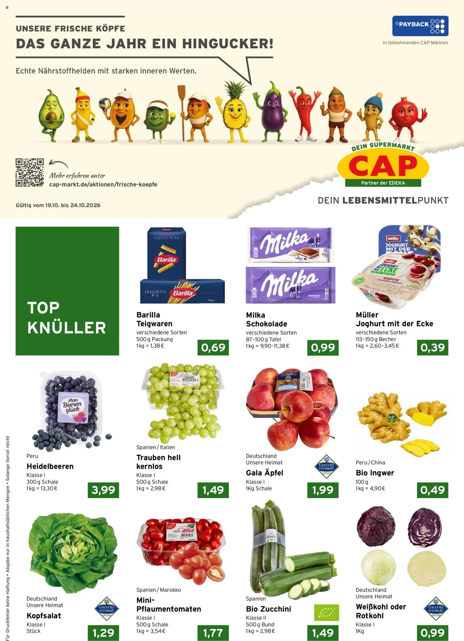 CAP Markt Prospekt – gültig ab 19.10.2026 | Seite: 1 | Produkte: Rotkohl, Spaghetti, Milka, Zucchini