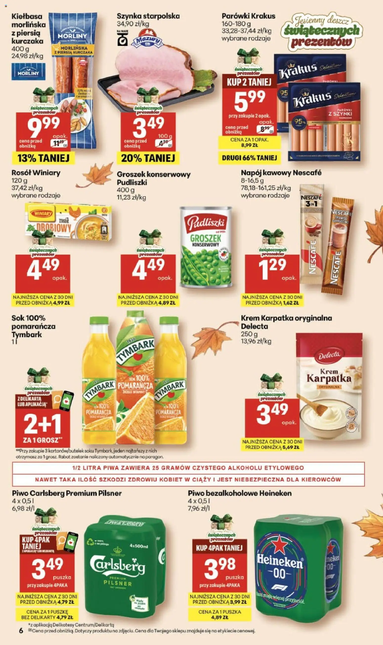 Delikatesy Centrum gazetka od 08.10.2026 | Strona: 6 | Produkty: Parówki, Piwo Carlsberg, Sok, Krem