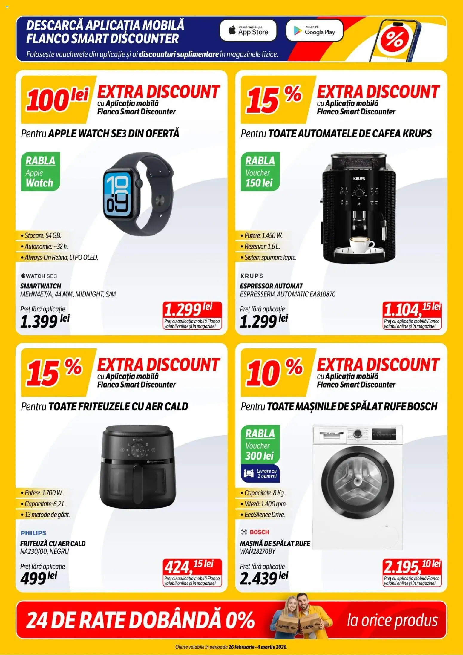 Noul catalog Flanco – valabil de la 26.02.2026 | Pagină: 3 | Produse: Friteuza cu aer cald, Mașină De Spălat, Smartwatch, Cafea