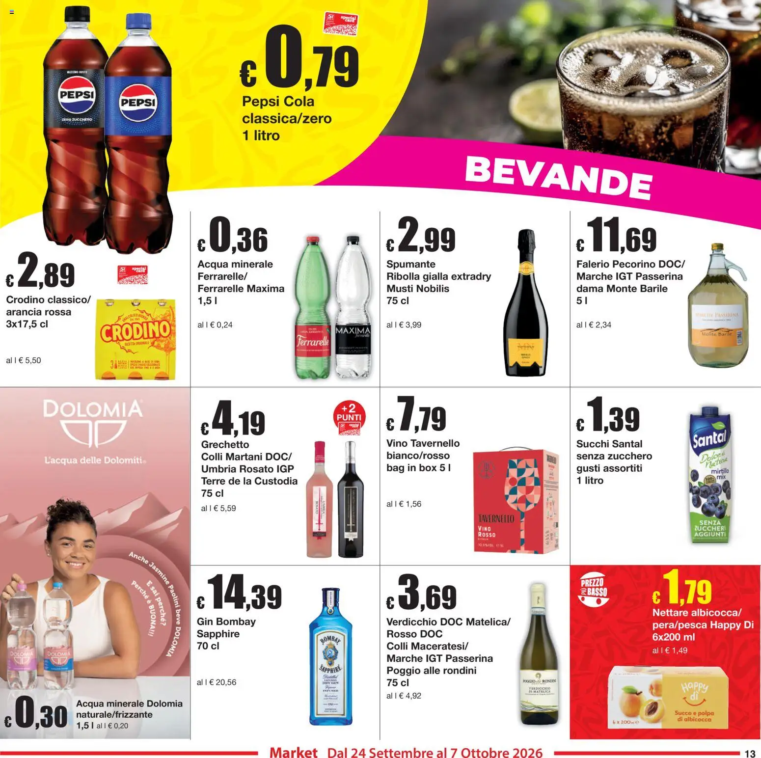 Volantino Sì con Te del 24/09/2026 | Pagina: 13 | Prodotti: Bevande, Ferrarelle, Pecorino, Gin Bombay