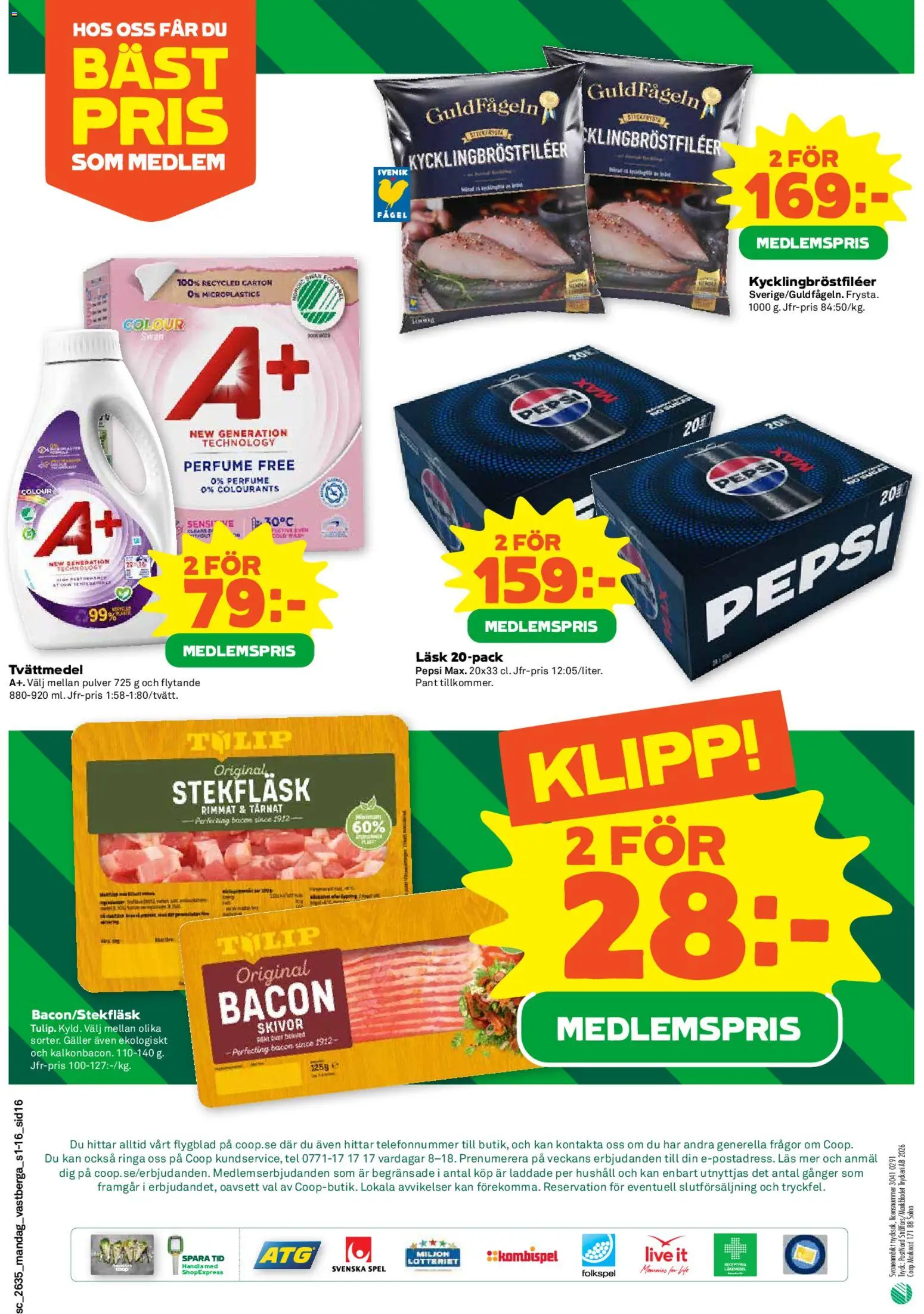 Coop Forum reklamblad aktuell från 24/08/2026 | Sida: 16 | Produkter: Tvättmedel, Bacon, Galler, Spel