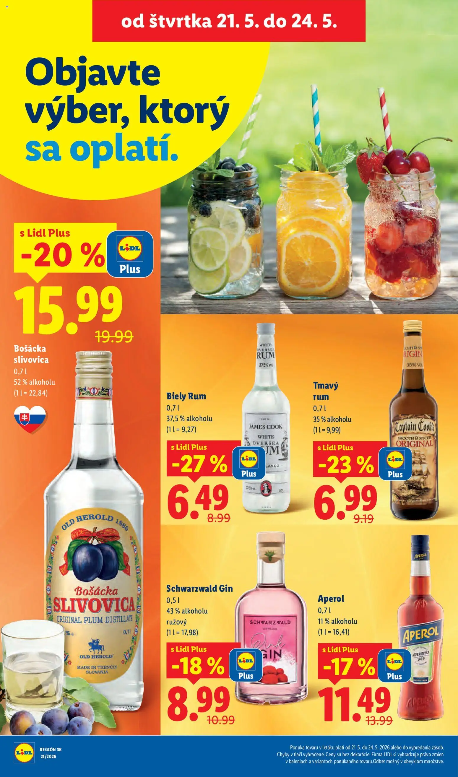 Nové Lidl akcie – leták je platný od 18.05.2026 | Strana: 70 | Produkty: Bošácka slivovica, Gin, Aperol, Rum