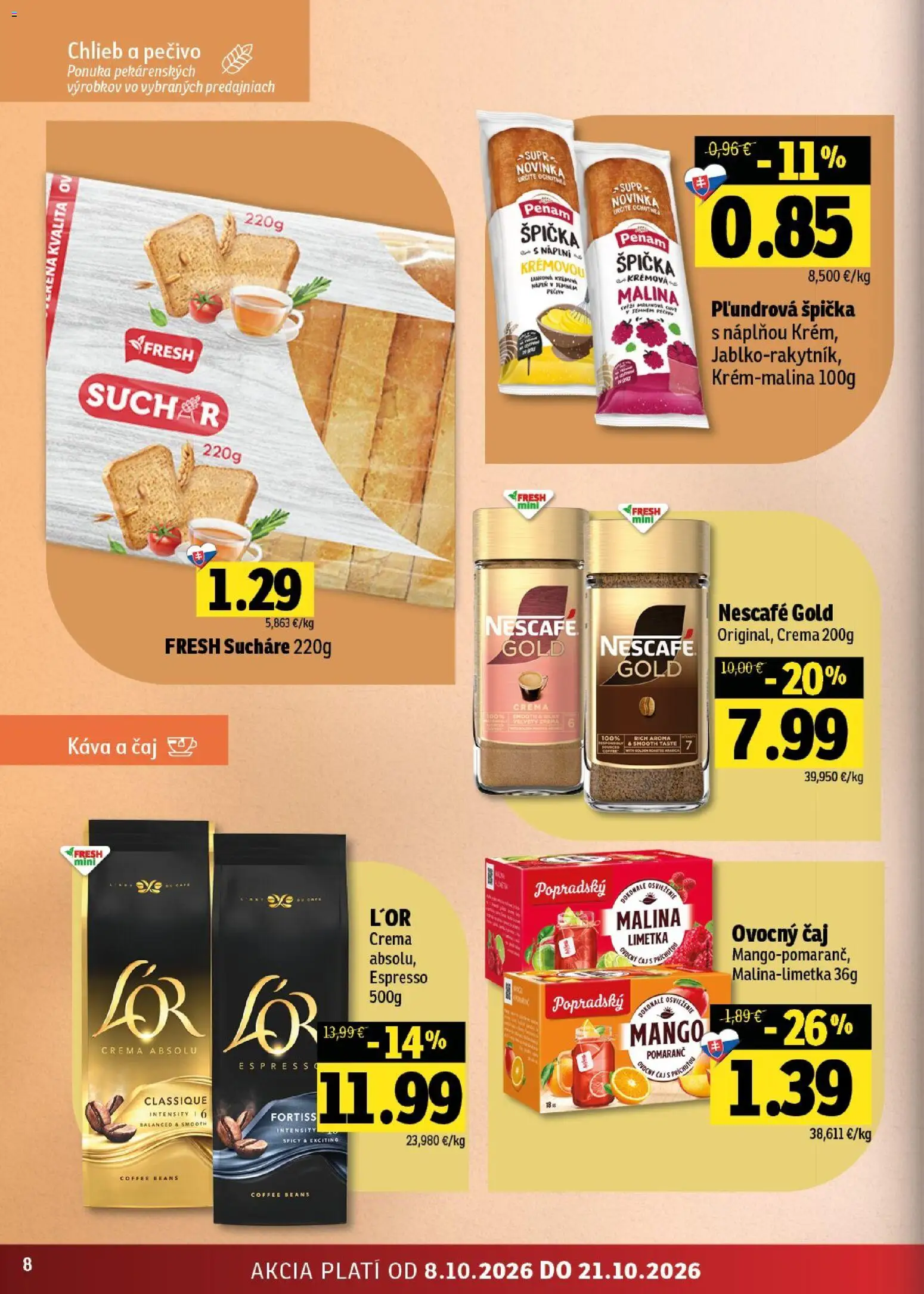 Nové Fresh akcie – leták je platný od 08.10.2026 | Strana: 8 | Produkty: Chlieb, Čaj, Ovocný čaj, Pečivo