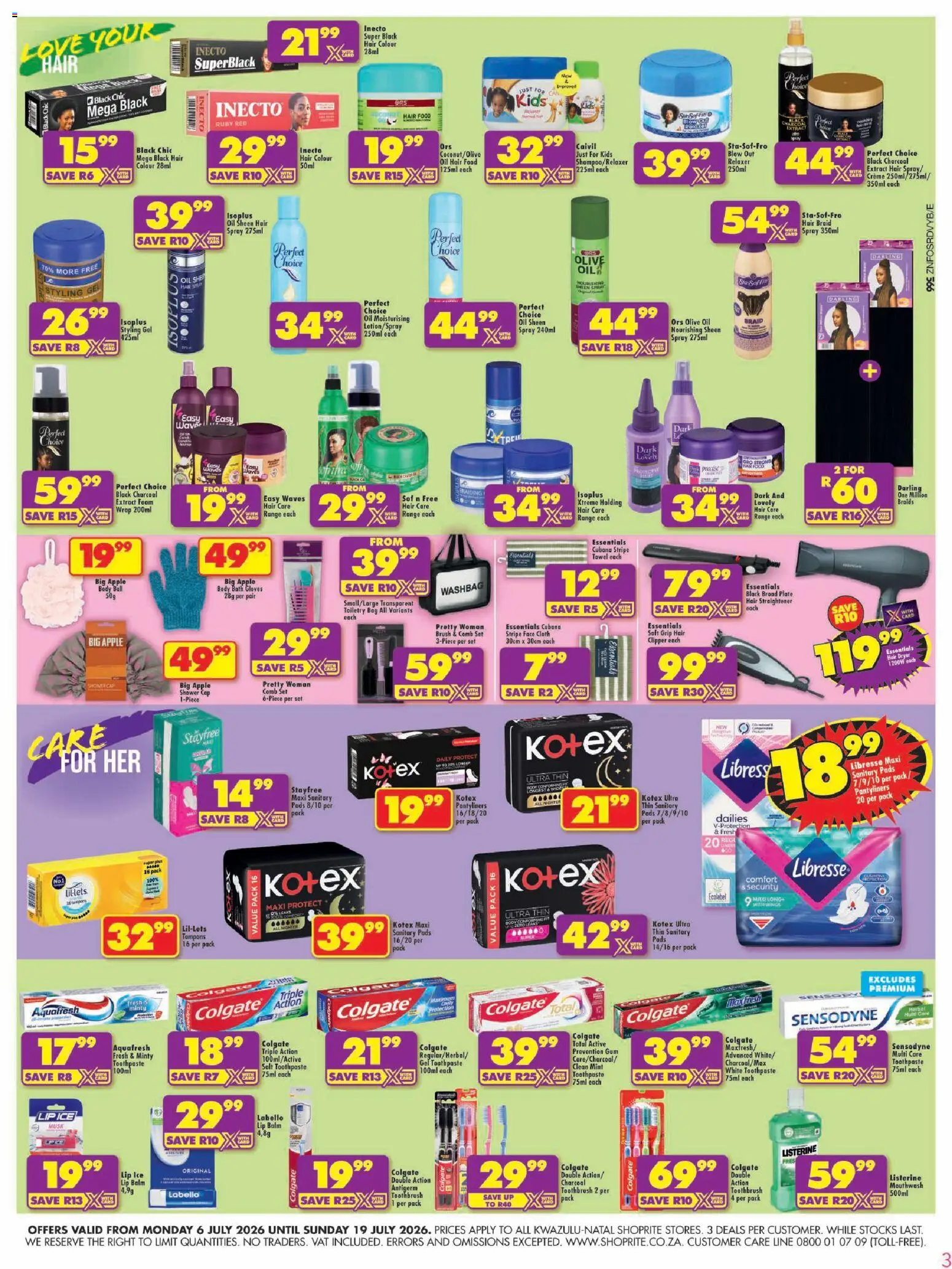 New Shoprite catalogue – valid from 06/07/2026 | Page: 3 | Products: Cap, Plate, Bath, Hair colour