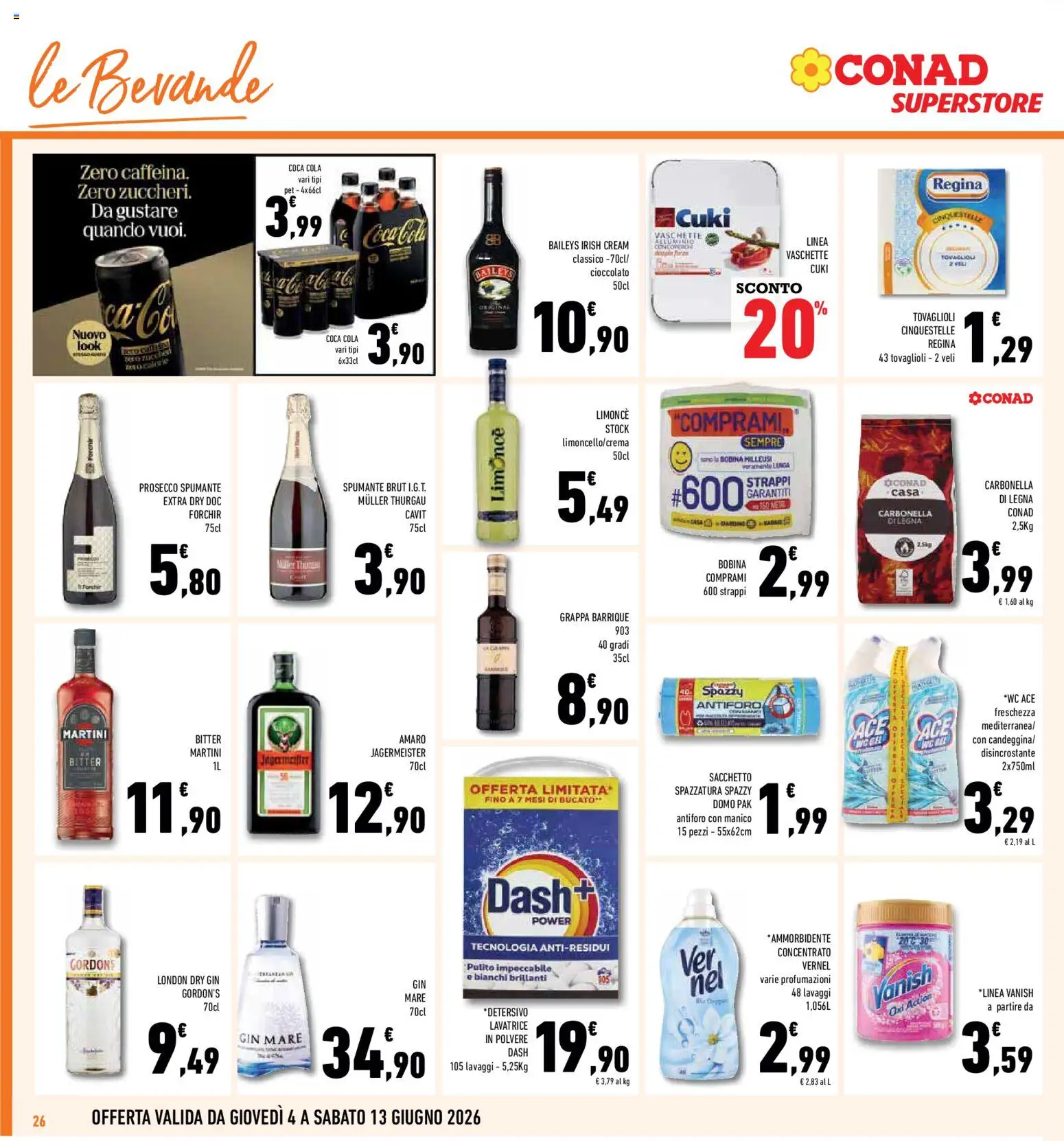Volantino Conad del 04.06.2026 | Pagina: 26 | Prodotti: Gin, Lavatrice, Amaro, Coca Cola