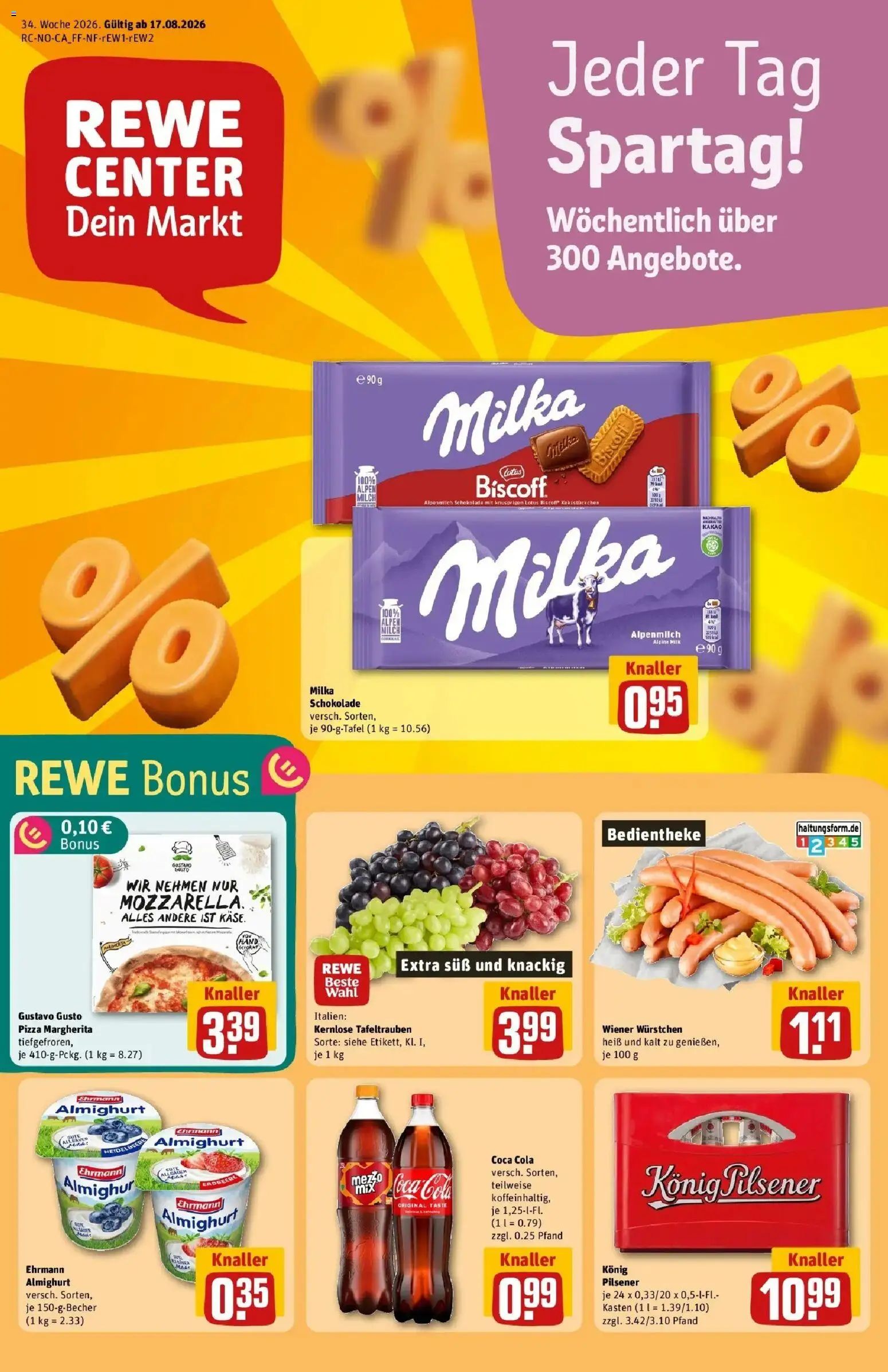 REWE Prospekt ab 17.08.2026 zum Blättern » Angebote | Seite: 1 | Produkte: Gustavo gusto, Coca cola, Ehrmann almighurt, Milch