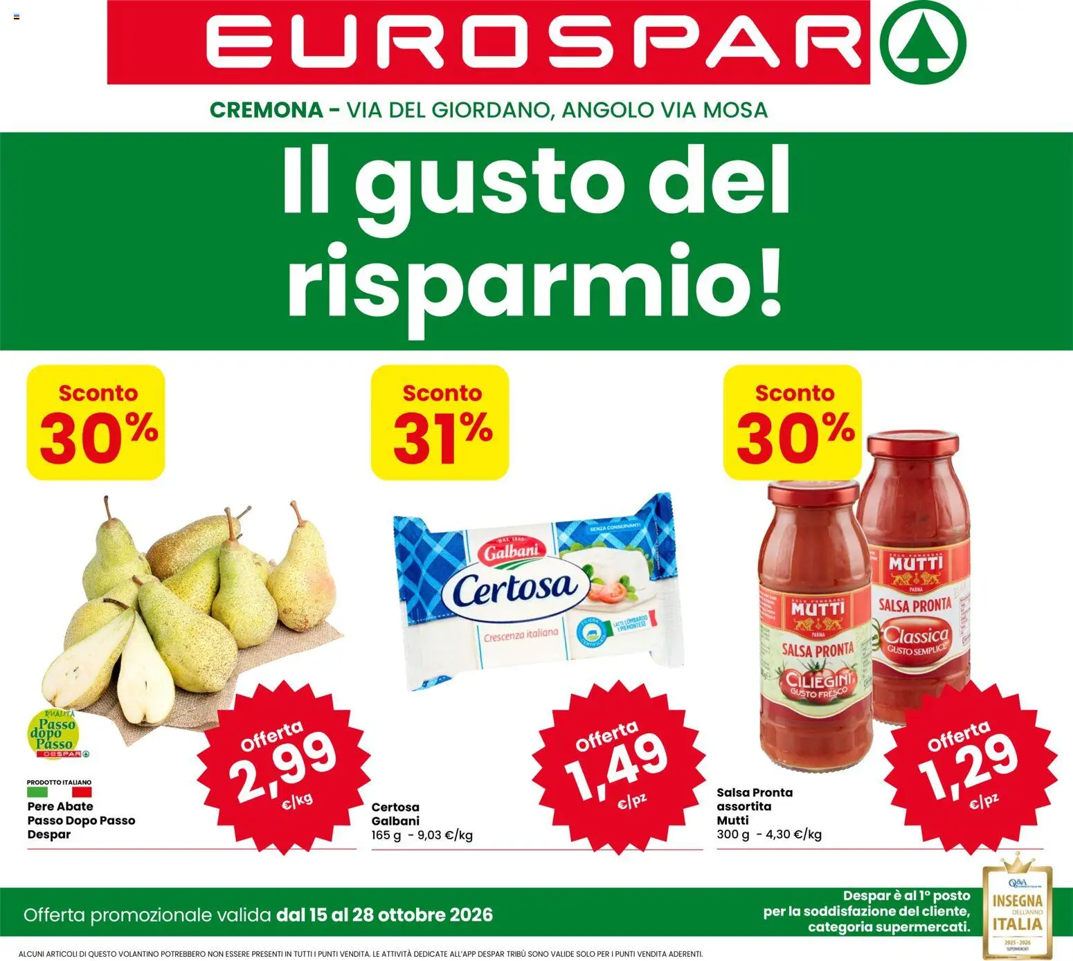 Volantino Eurospar del 15/10/2026 | Pagina: 1 | Prodotti: Pere, Salsa, Latte, Mutti