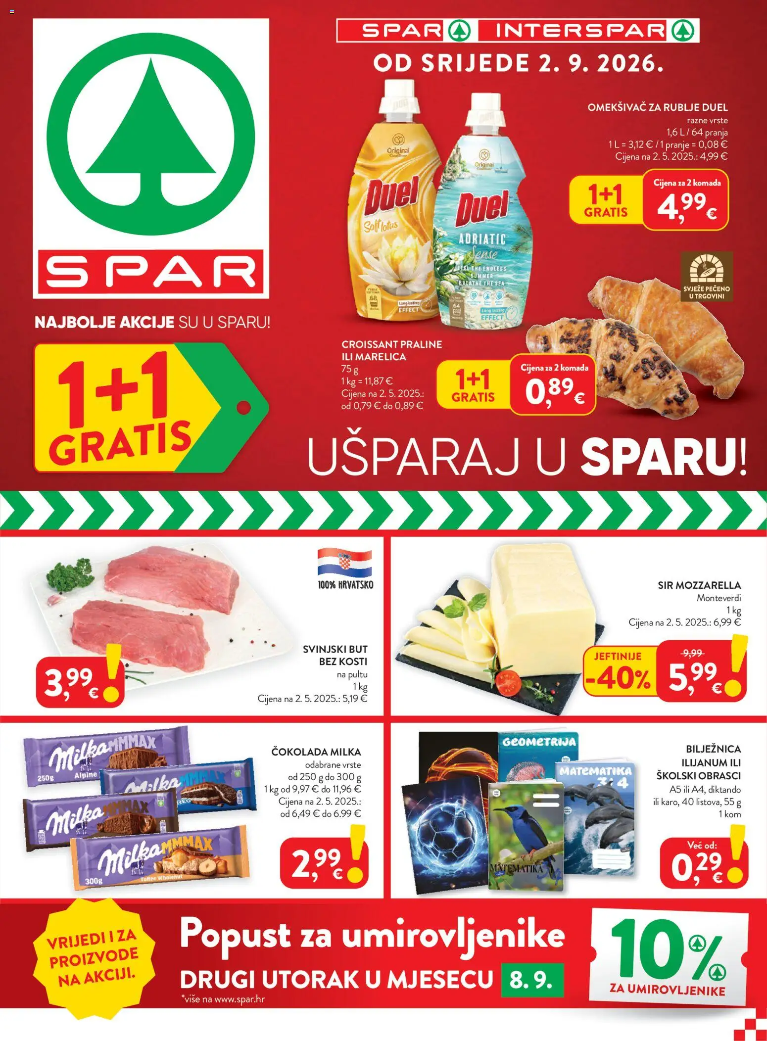 Interspar katalog | vrijedi od 02.09.2026 | Stranica: 1 | Proizvodi: Svinjski but, Sir, Omekšivač, Milka